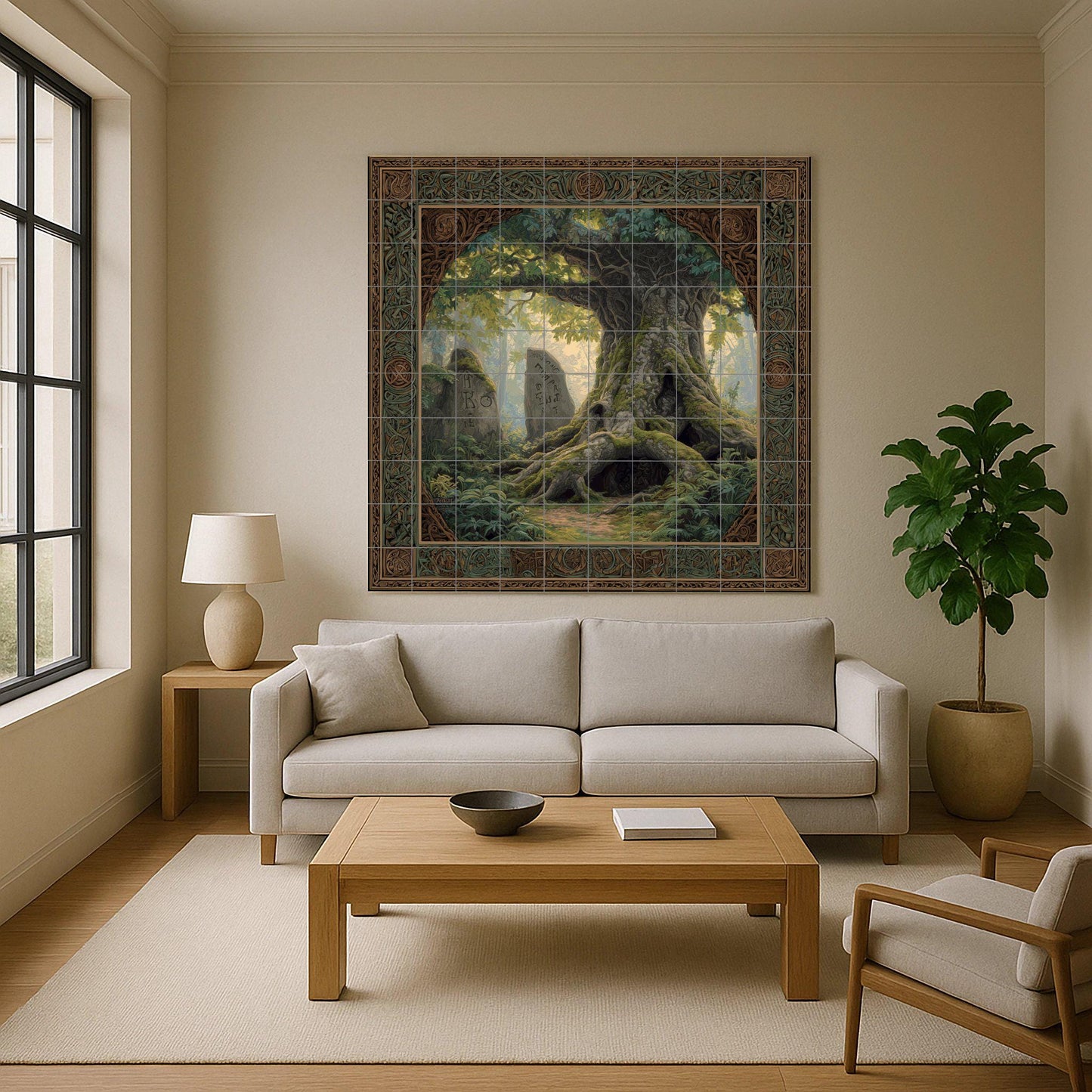 Ancient Tree of Runes tile mural: Mythical forest ceramic mosaic with sacred oak and Celtic border to decorate hallways, homes or forests.