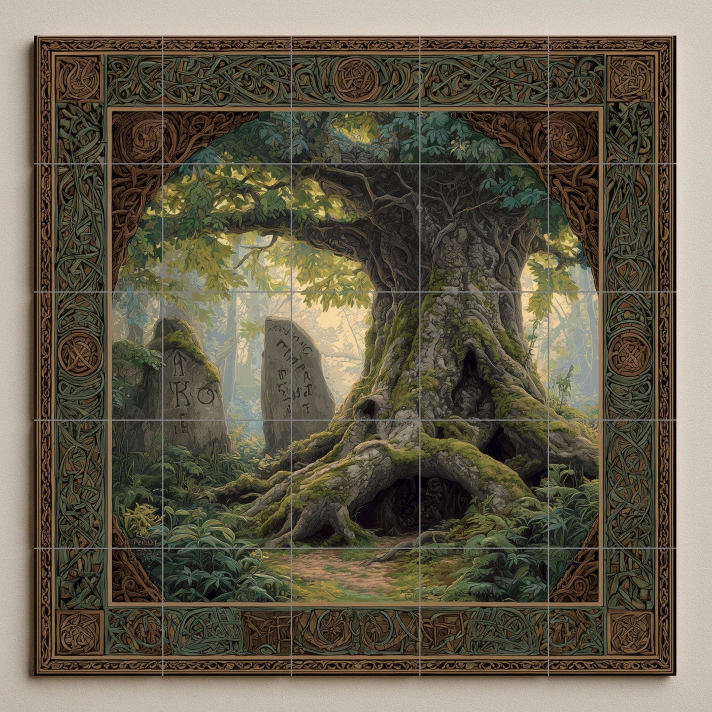 Ancient Tree of Runes tile mural: Mythical forest ceramic mosaic with sacred oak and Celtic border to decorate hallways, homes or forests.