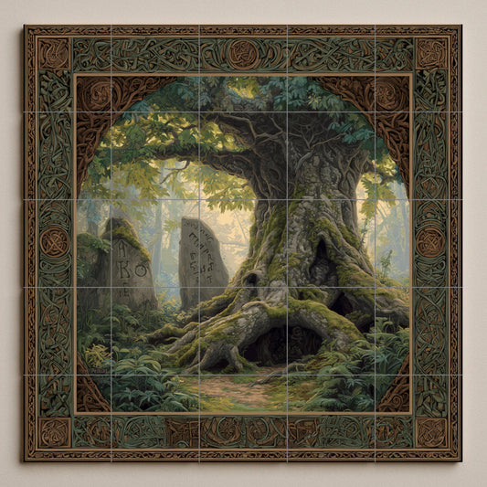 Ancient Tree of Runes tile mural: Mythical forest ceramic mosaic with sacred oak and Celtic border to decorate hallways, homes or forests.
