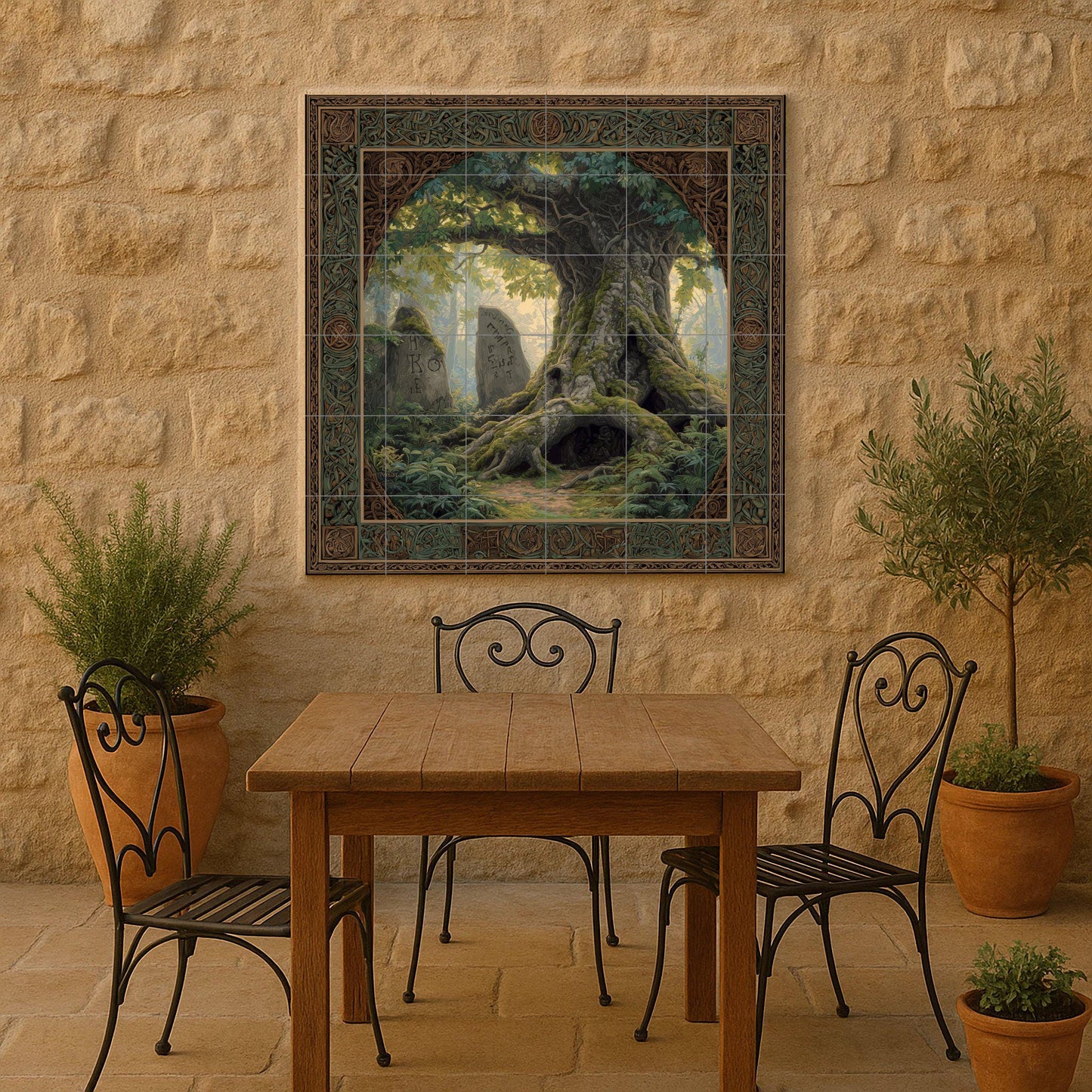 Ancient Tree of Runes tile mural: Mythical forest ceramic mosaic with sacred oak and Celtic border to decorate hallways, homes or forests.