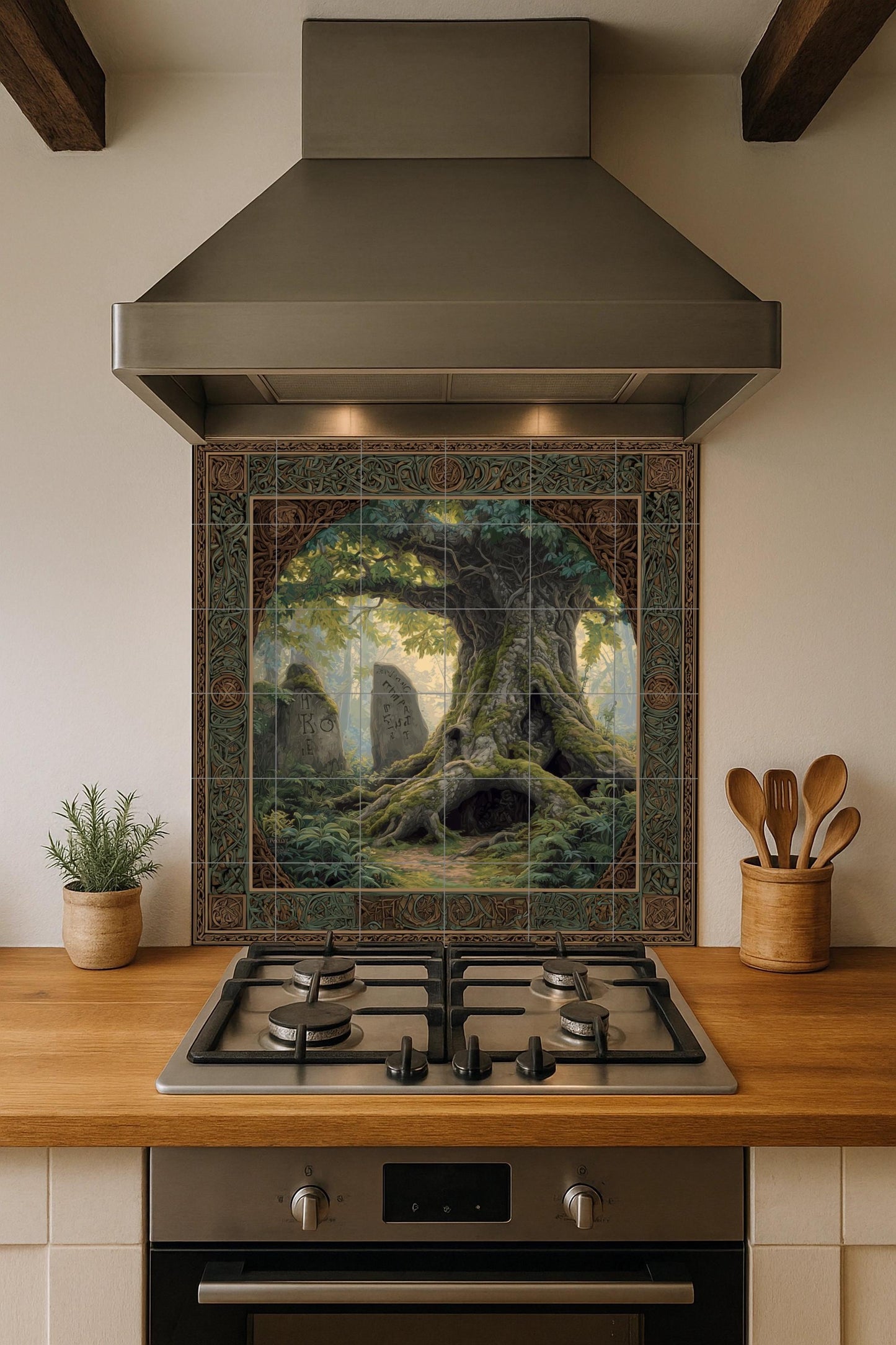 Ancient Tree of Runes tile mural: Mythical forest ceramic mosaic with sacred oak and Celtic border to decorate hallways, homes or forests.