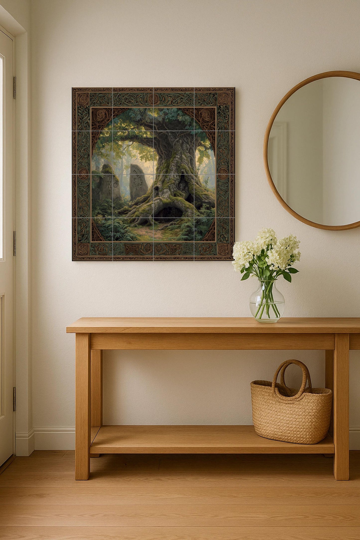 Ancient Tree of Runes tile mural: Mythical forest ceramic mosaic with sacred oak and Celtic border to decorate hallways, homes or forests.