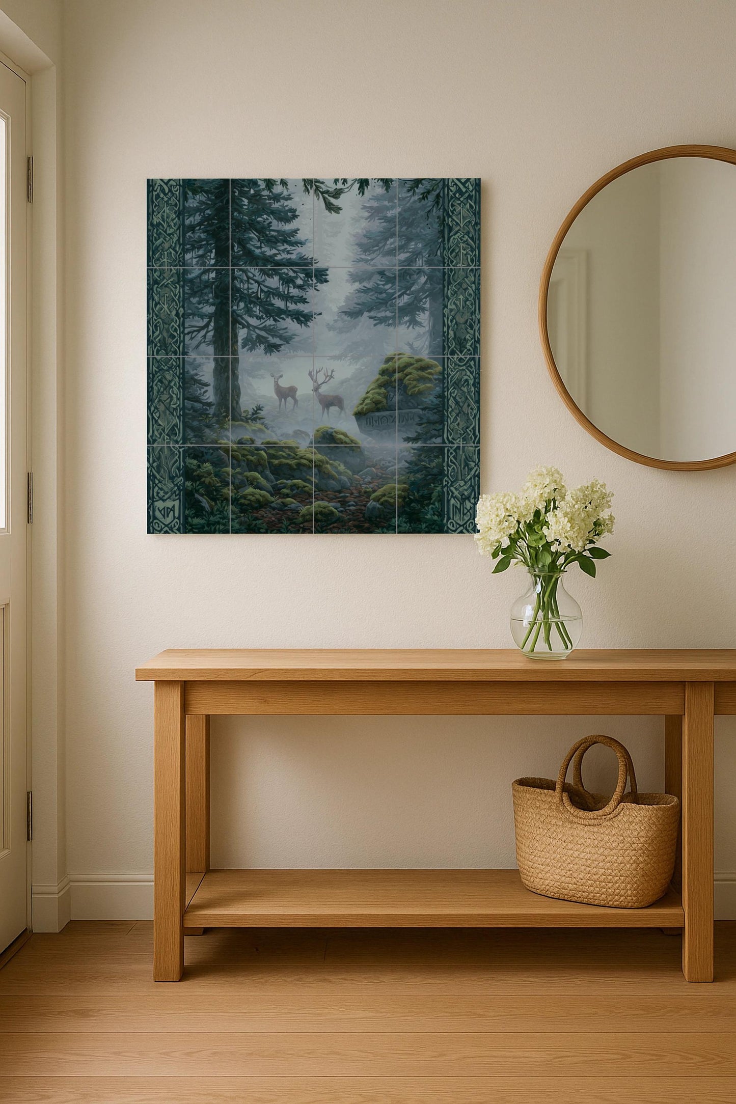 Nordic Forest Tile Mural: Mystic ceramic mosaic with deer and runes for nature-inspired kitchen backsplashes or forest decor.
