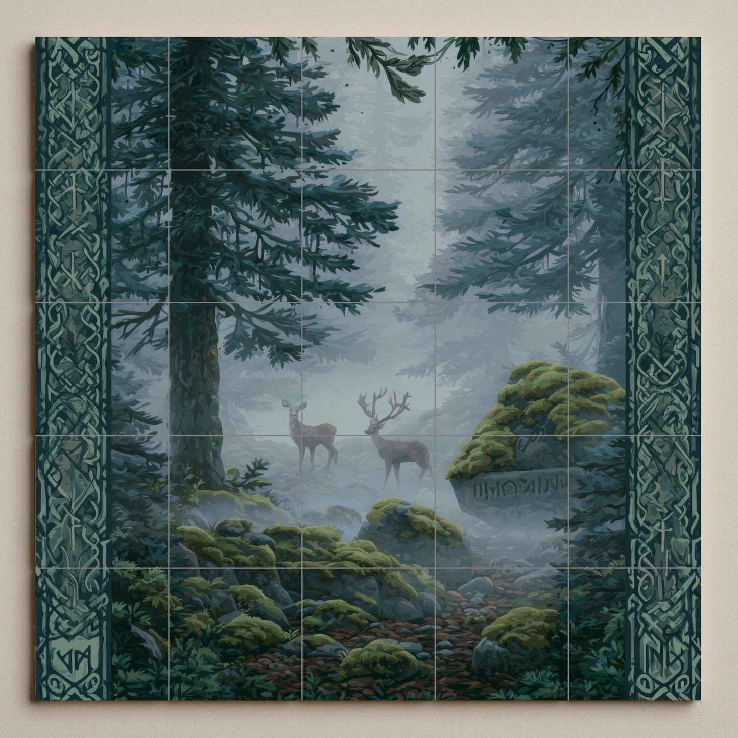 Nordic Forest Tile Mural: Mystic ceramic mosaic with deer and runes for nature-inspired kitchen backsplashes or forest decor.