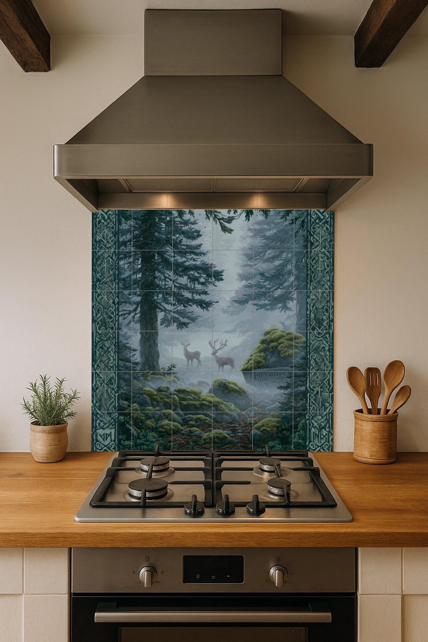 Nordic Forest Tile Mural: Mystic ceramic mosaic with deer and runes for nature-inspired kitchen backsplashes or forest decor.