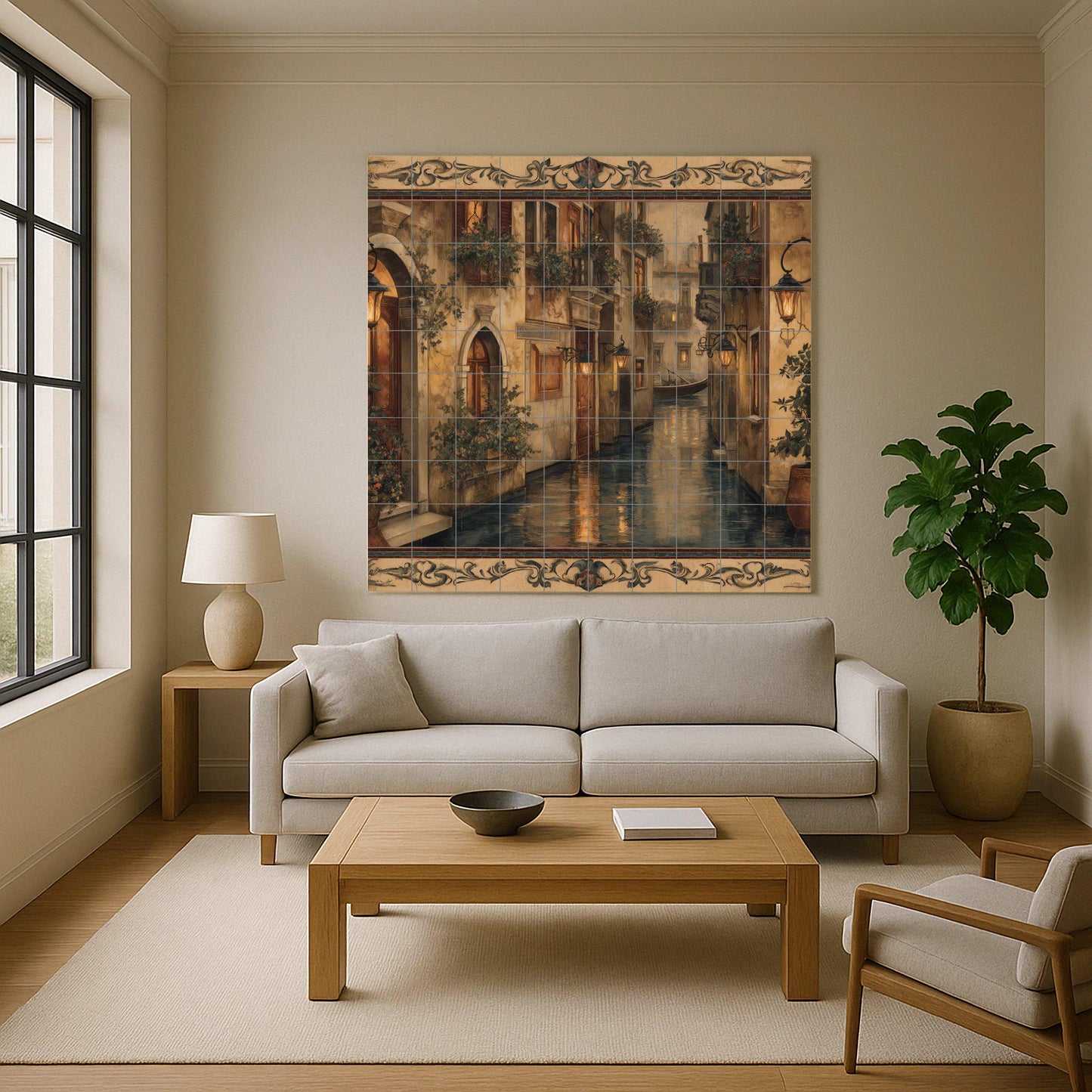 Venetian canal tile mural: Romantic Italian canal ceramic wall mosaic for kitchen backsplash or elegant entrance detail.