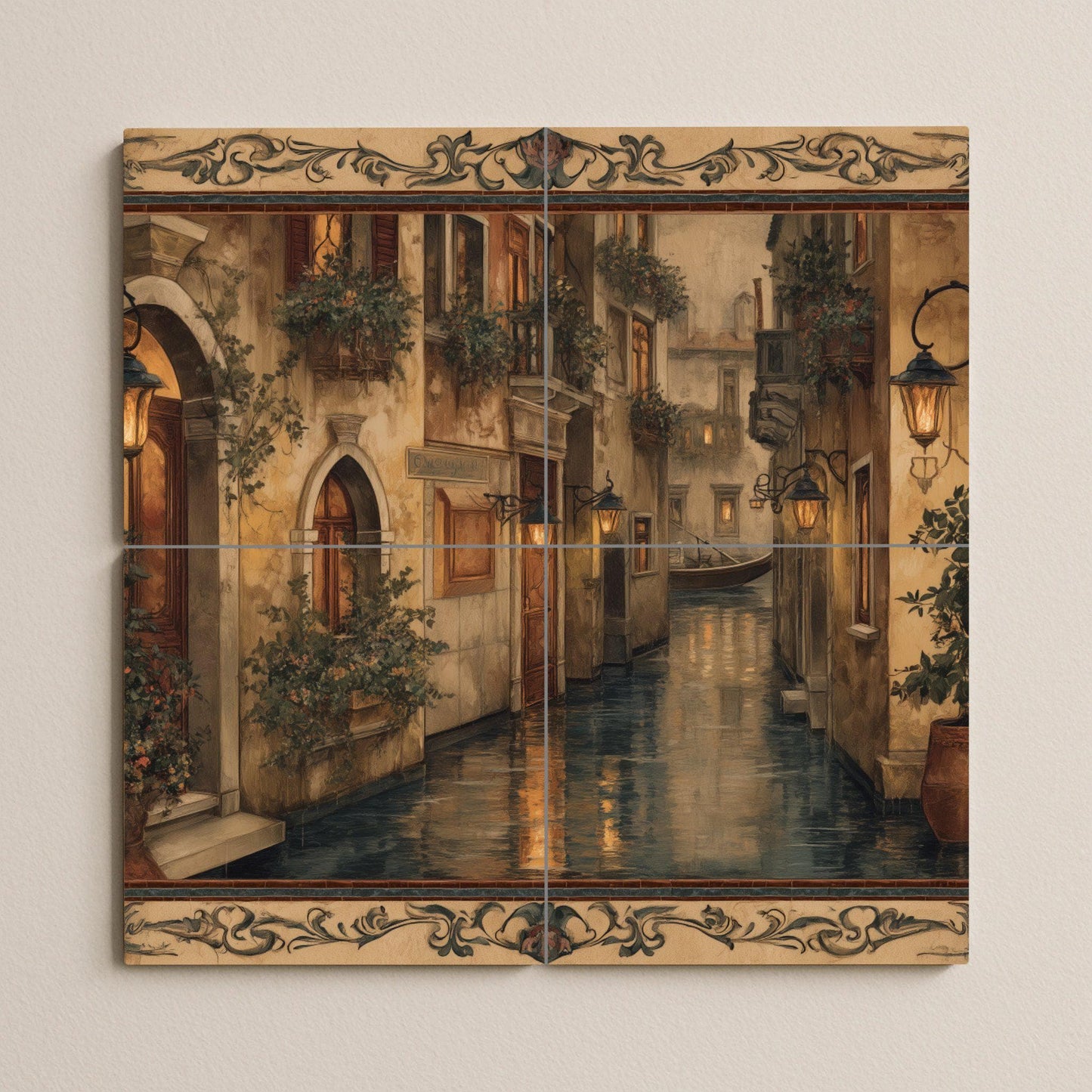 Venetian canal tile mural: Romantic Italian canal ceramic wall mosaic for kitchen backsplash or elegant entrance detail.