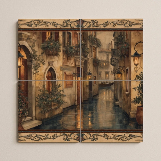 Venetian canal tile mural: Romantic Italian canal ceramic wall mosaic for kitchen backsplash or elegant entrance detail.