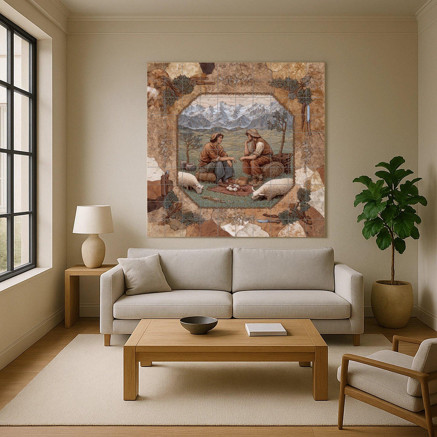 Alpine shepherd tile mural: ceramic wall mosaic with mountain scene for rustic kitchen backsplash or country entrance decor.