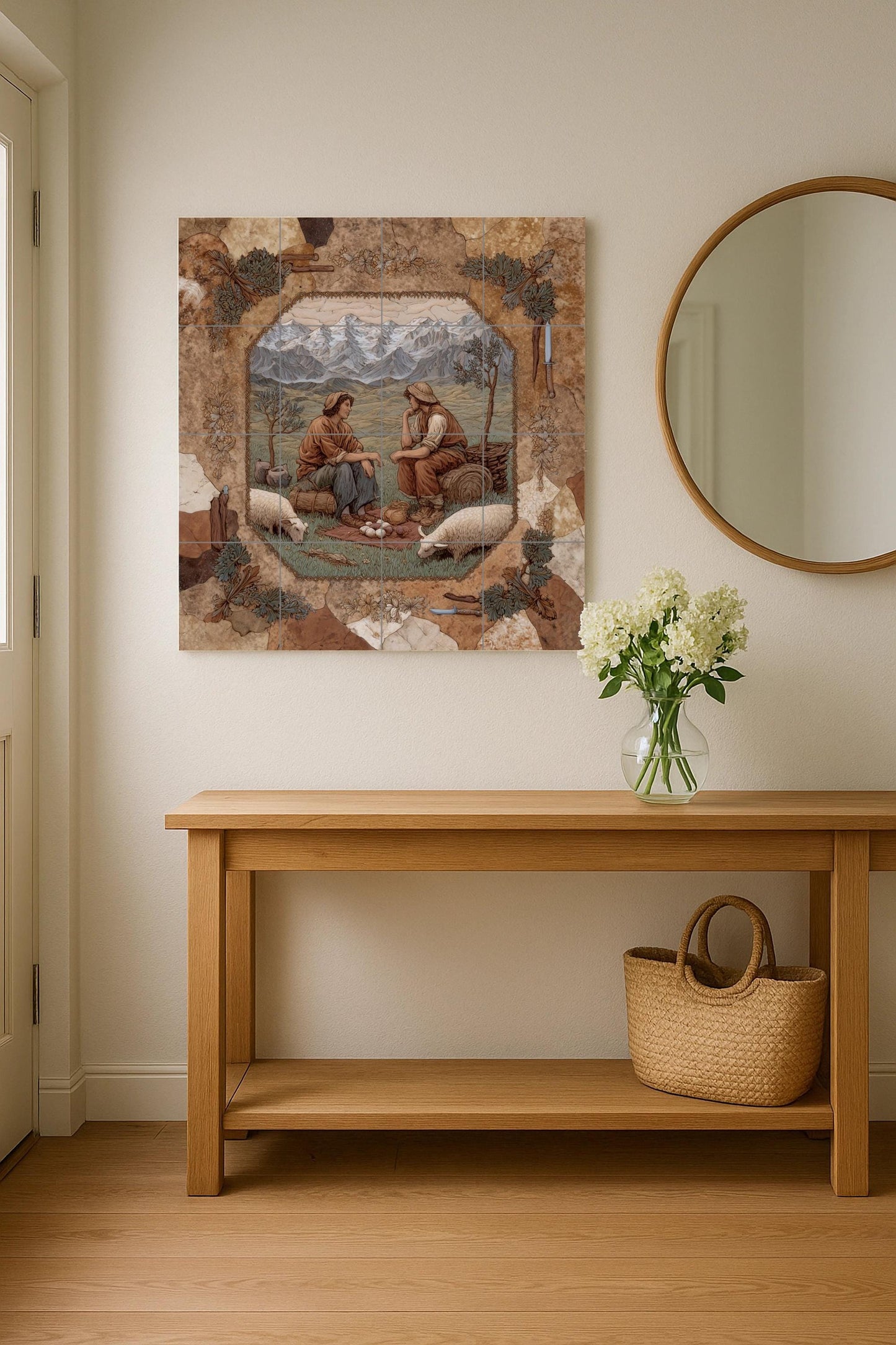 Alpine shepherd tile mural: ceramic wall mosaic with mountain scene for rustic kitchen backsplash or country entrance decor.