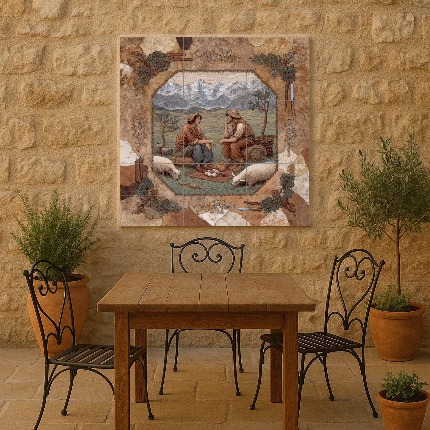 Alpine shepherd tile mural: ceramic wall mosaic with mountain scene for rustic kitchen backsplash or country entrance decor.