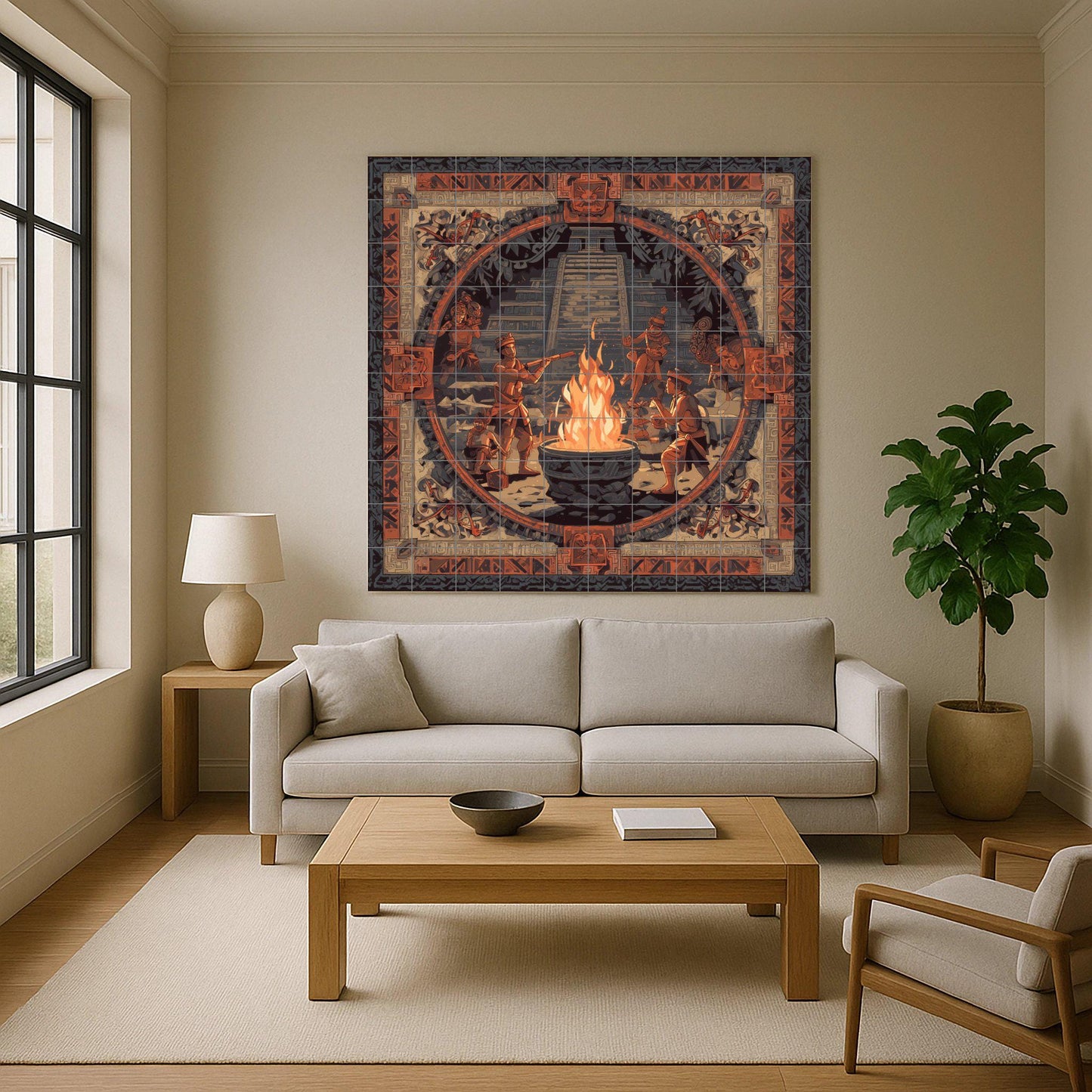 Mayan Fire Ceremony tile mural: ancient wall mosaic with temple and ritual dance for cultural kitchen backsplash or a dramatic foyer accent.