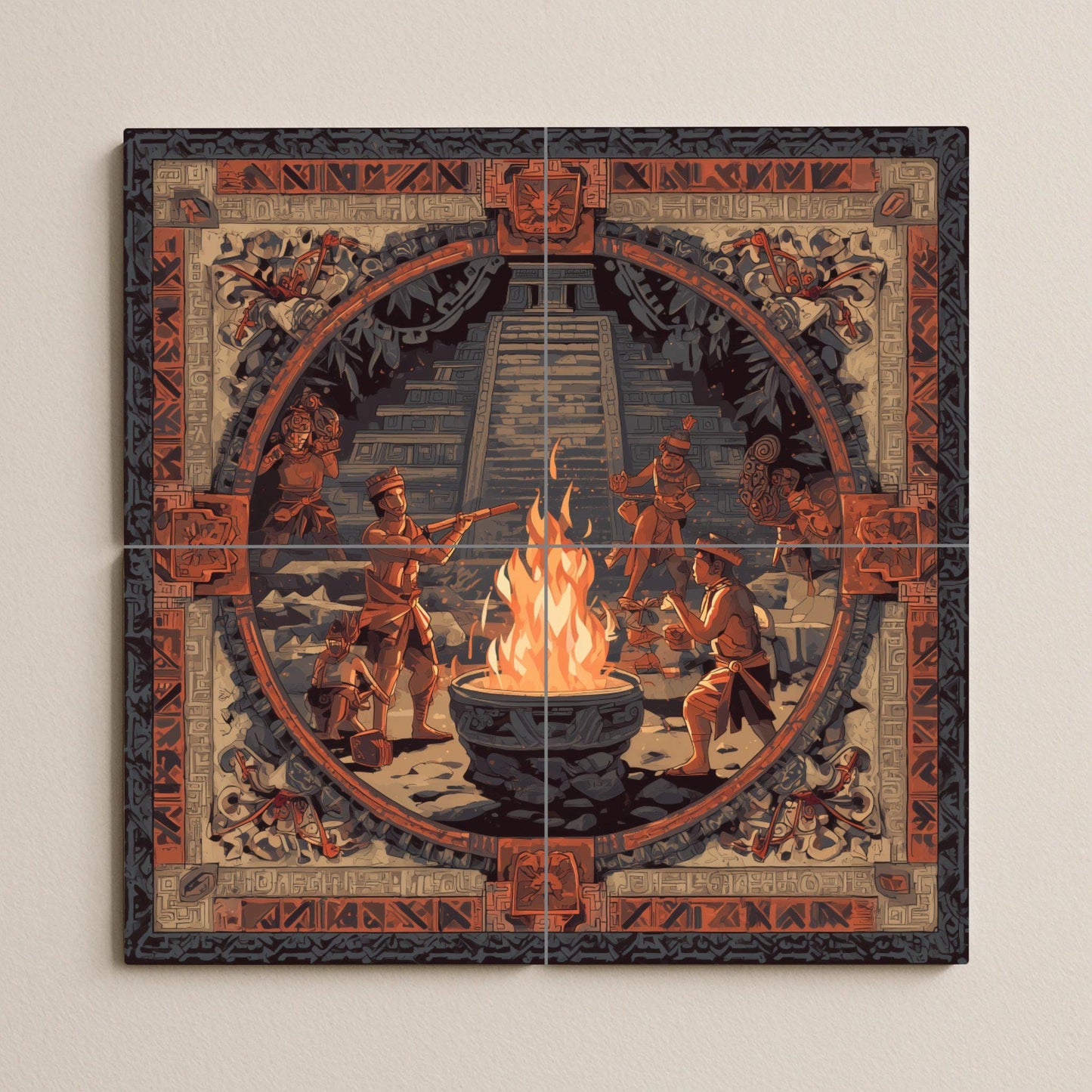Mayan Fire Ceremony tile mural: ancient wall mosaic with temple and ritual dance for cultural kitchen backsplash or a dramatic foyer accent.