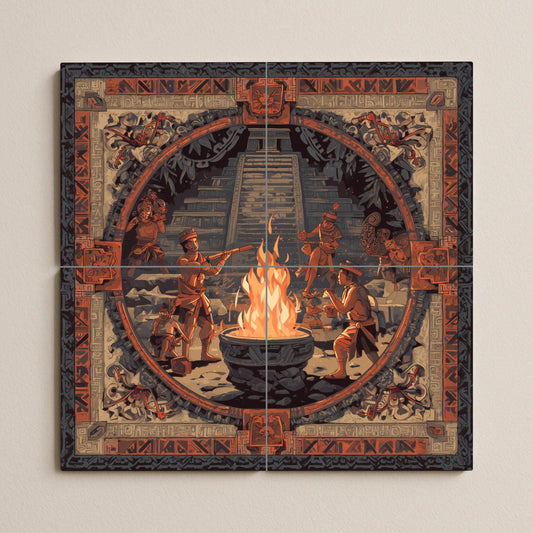 Mayan Fire Ceremony tile mural: ancient wall mosaic with temple and ritual dance for cultural kitchen backsplash or a dramatic foyer accent.