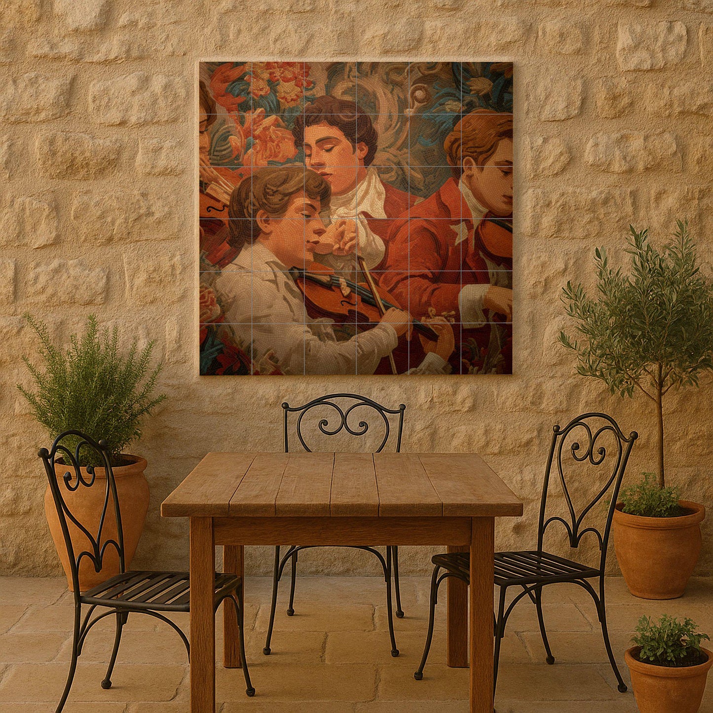 Budapest Gypsy Musicians Tile Mural: Classic Ceramic Wall Art with Romantic Strings for Kitchen Backsplash or Music Room Decor.