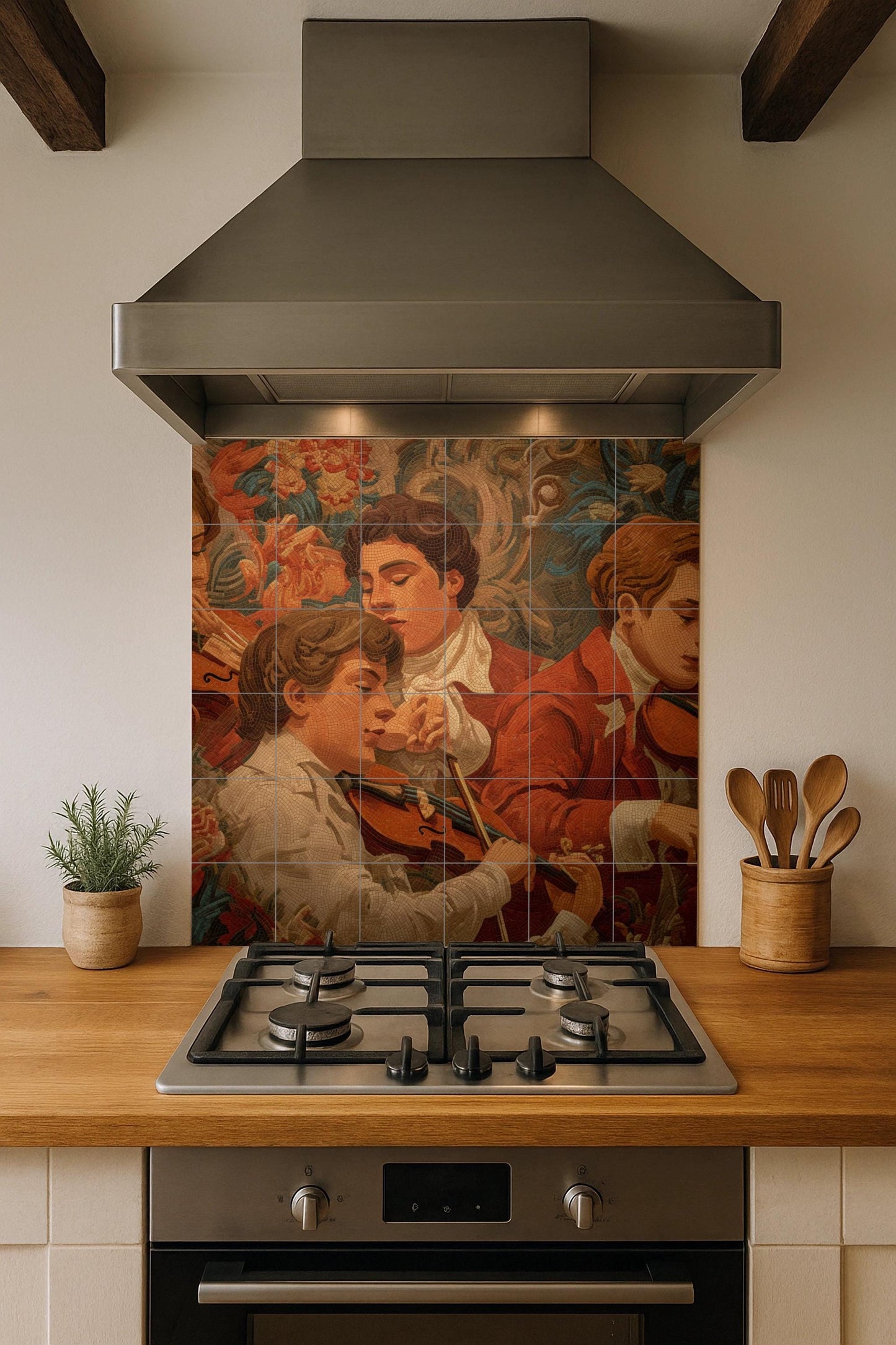 Budapest Gypsy Musicians Tile Mural: Classic Ceramic Wall Art with Romantic Strings for Kitchen Backsplash or Music Room Decor.