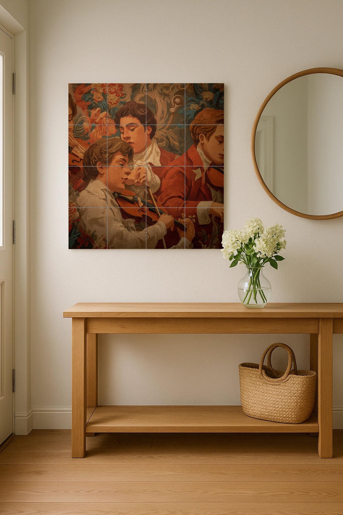 Budapest Gypsy Musicians Tile Mural: Classic Ceramic Wall Art with Romantic Strings for Kitchen Backsplash or Music Room Decor.