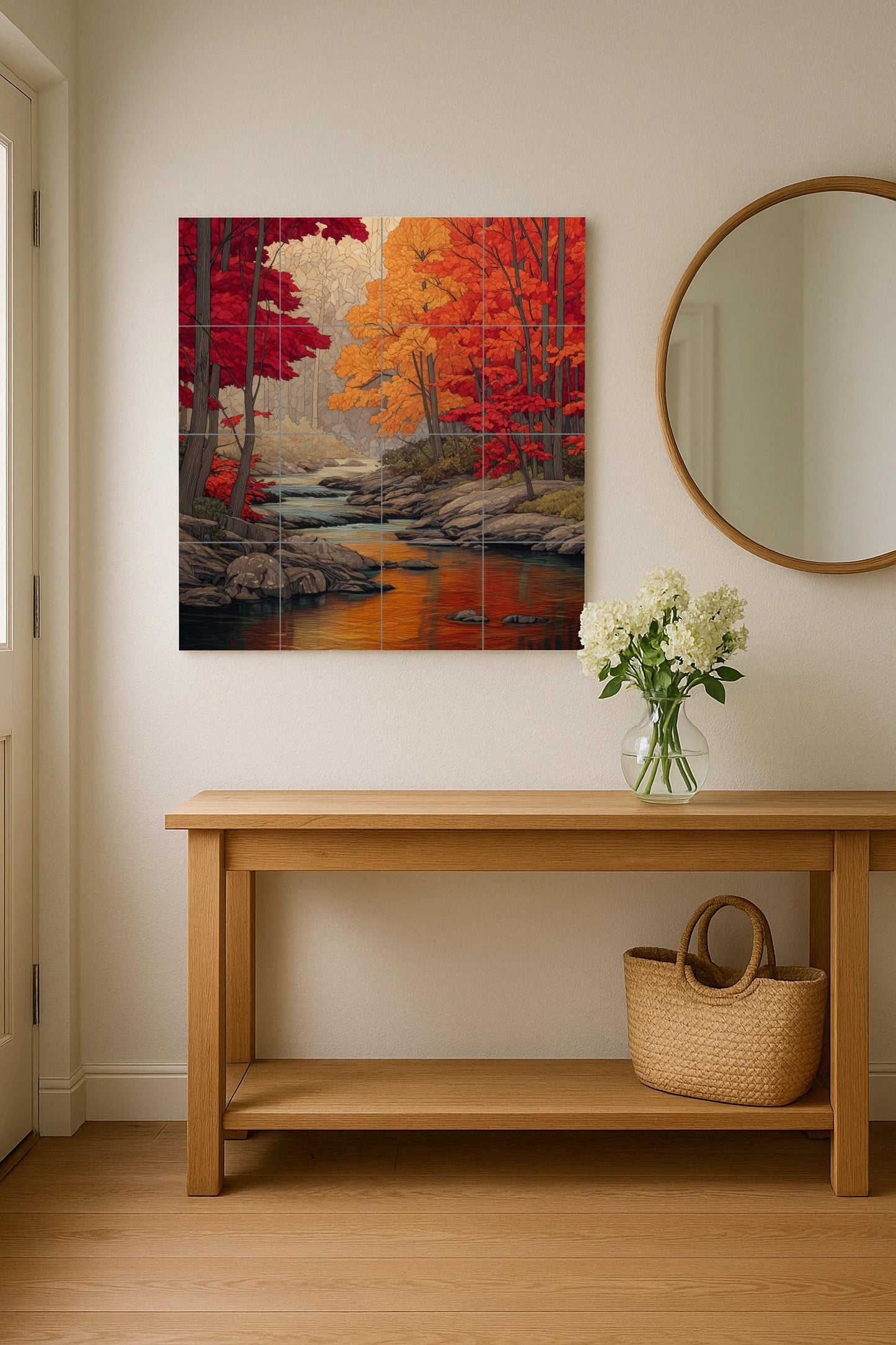 Autumn River Tile Mural: Ceramic mosaic with forest landscape and Canadian autumn colors for kitchen backsplash or rustic entrance.