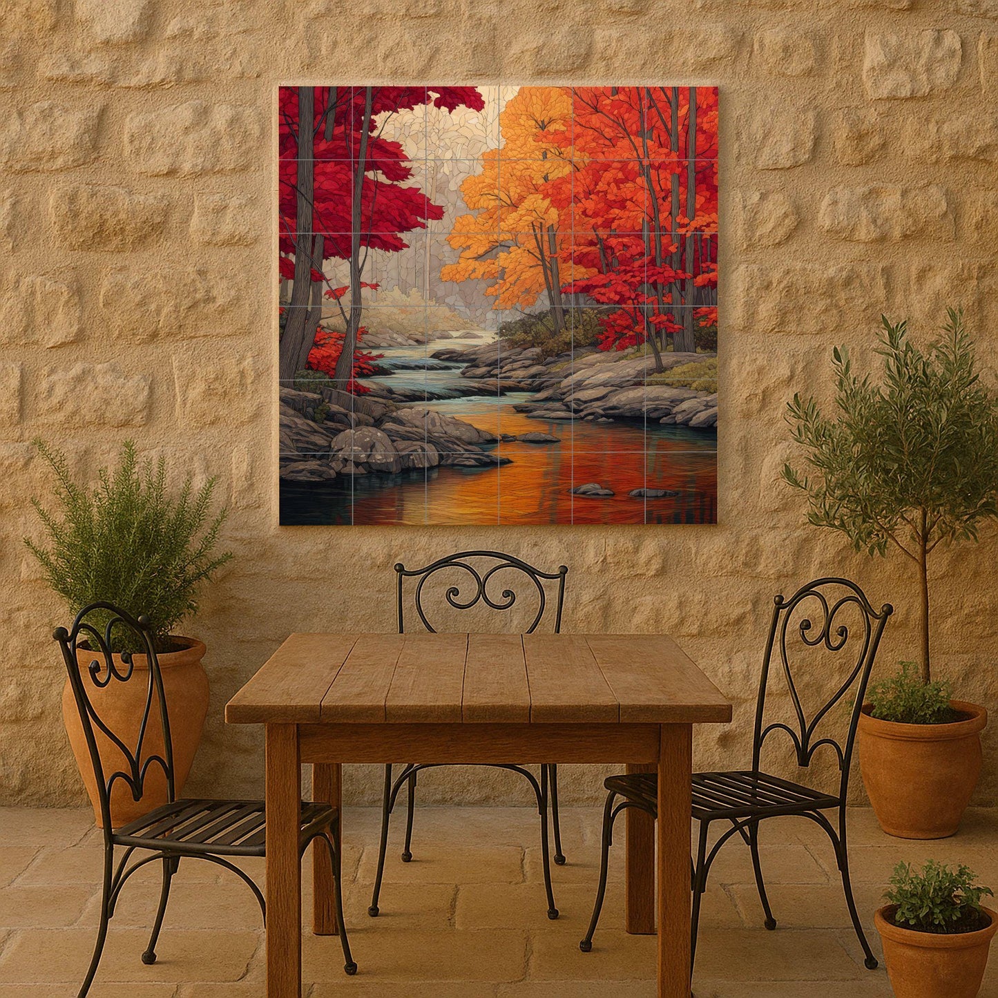 Autumn River Tile Mural: Ceramic mosaic with forest landscape and Canadian autumn colors for kitchen backsplash or rustic entrance.