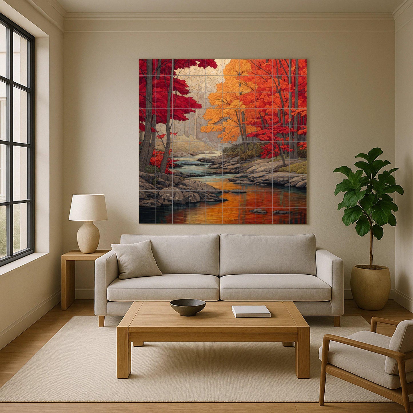 Autumn River Tile Mural: Ceramic mosaic with forest landscape and Canadian autumn colors for kitchen backsplash or rustic entrance.
