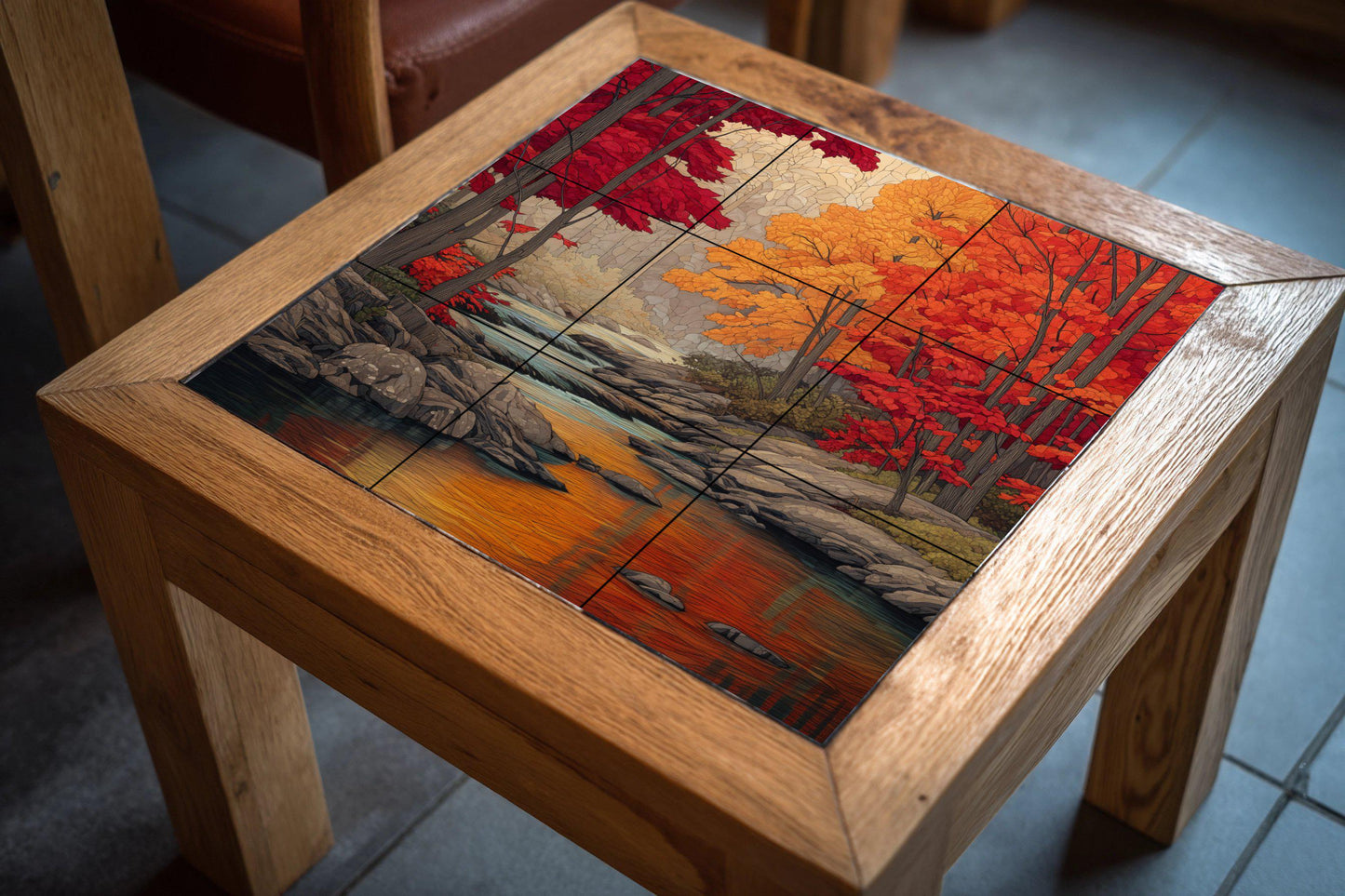 Autumn River Tile Mural: Ceramic mosaic with forest landscape and Canadian autumn colors for kitchen backsplash or rustic entrance.