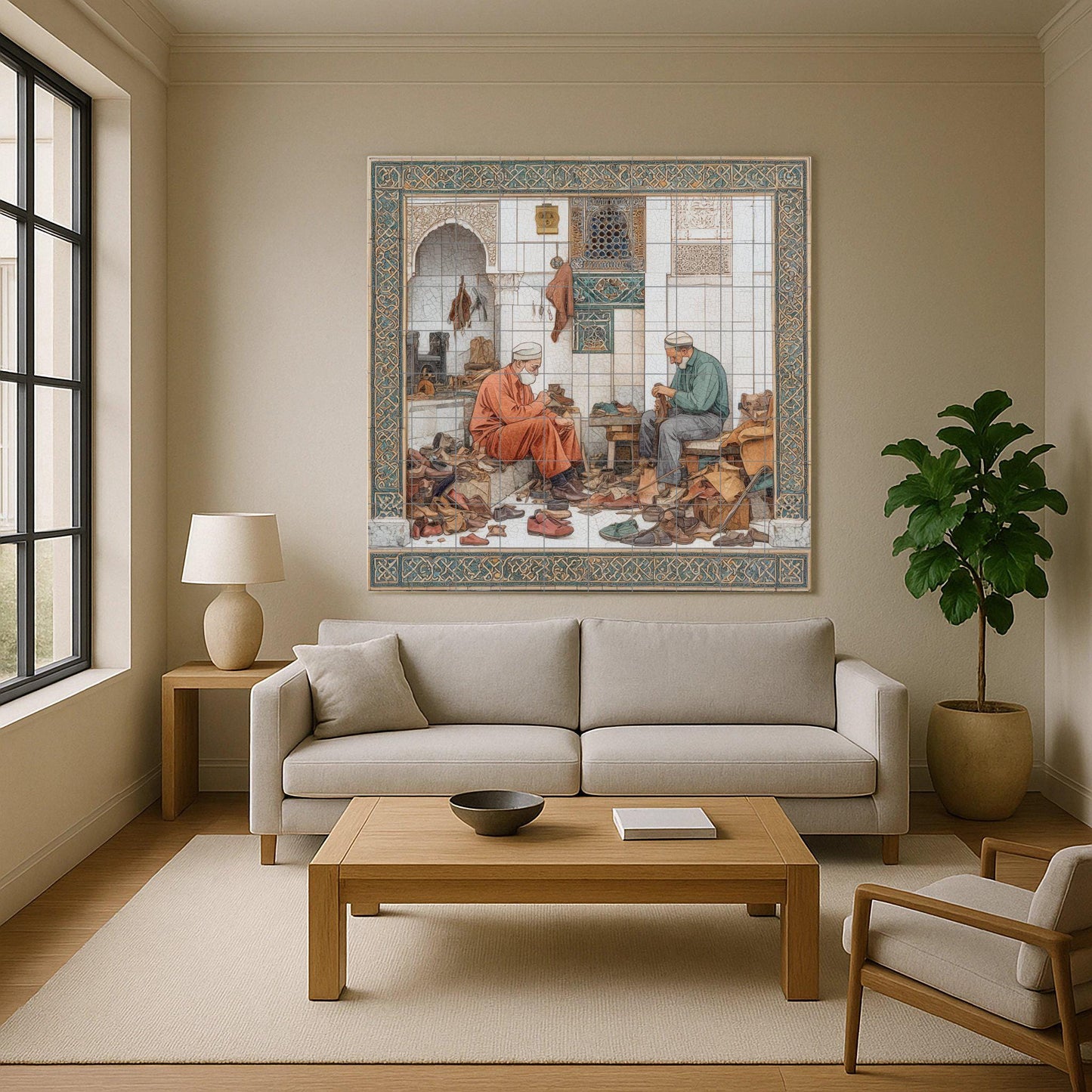 Moroccan shoemakers tile mural: handcrafted mosaic to decorate the kitchen or a craft workshop.