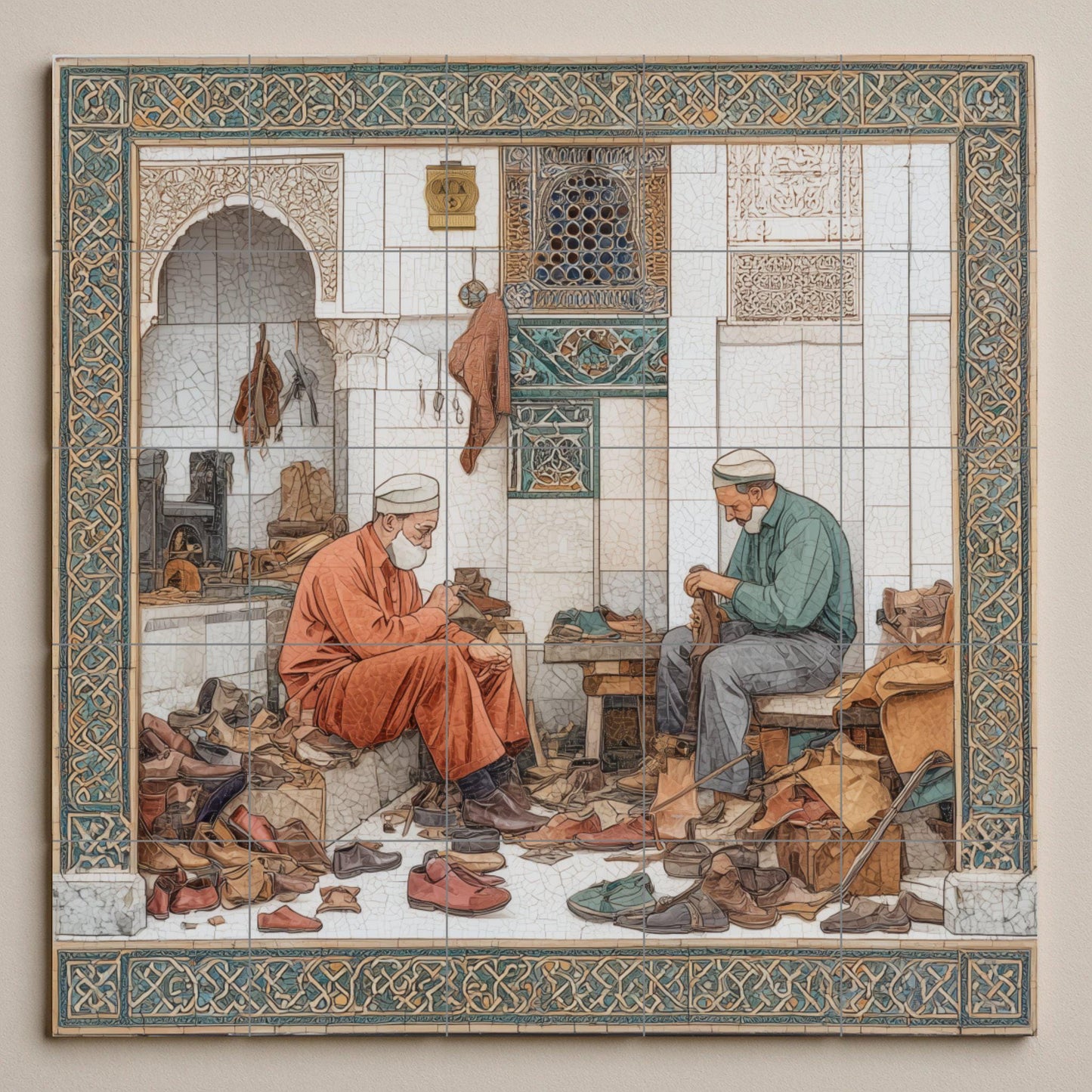 Moroccan shoemakers tile mural: handcrafted mosaic to decorate the kitchen or a craft workshop.