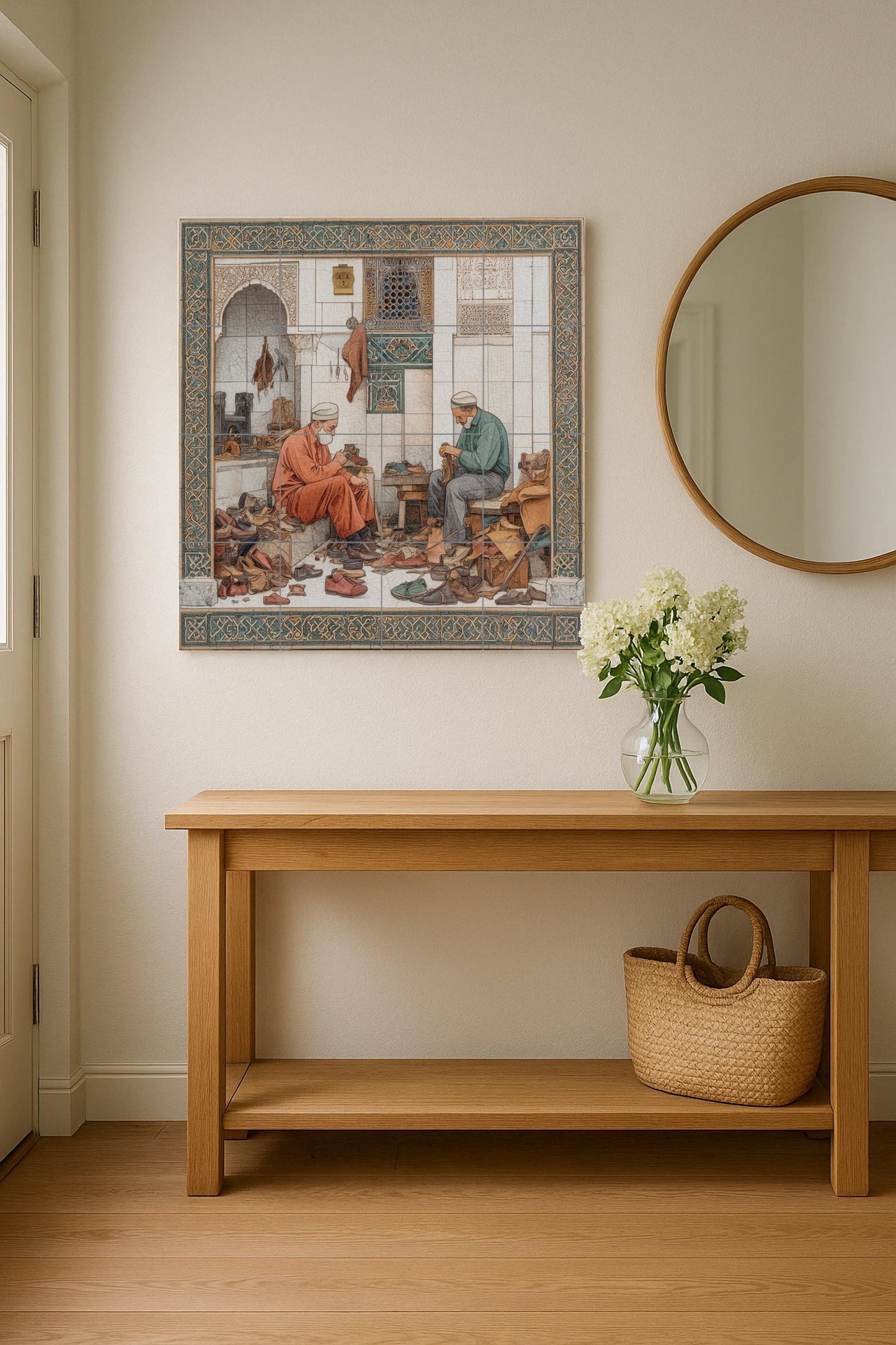 Moroccan shoemakers tile mural: handcrafted mosaic to decorate the kitchen or a craft workshop.
