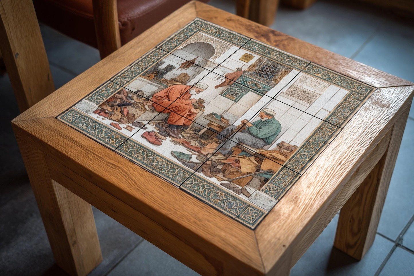 Moroccan shoemakers tile mural: handcrafted mosaic to decorate the kitchen or a craft workshop.