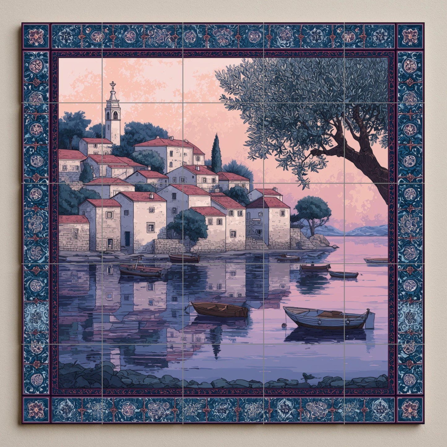 "Adriatic Sunset Village" Ceramic Tile Mural: Croatian Coastal Wall Art Mosaic for Kitchen Backsplash or Entrance Decorative Panel
