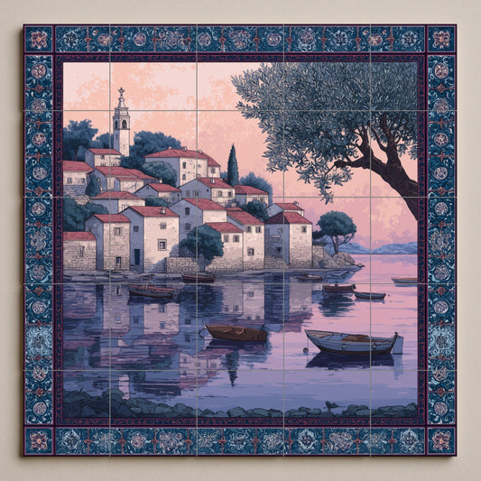 "Adriatic Sunset Village" Ceramic Tile Mural: Croatian Coastal Wall Art Mosaic for Kitchen Backsplash or Entrance Decorative Panel