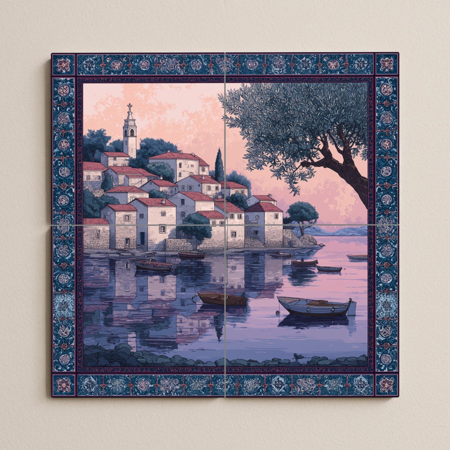 "Adriatic Sunset Village" Ceramic Tile Mural: Croatian Coastal Wall Art Mosaic for Kitchen Backsplash or Entrance Decorative Panel