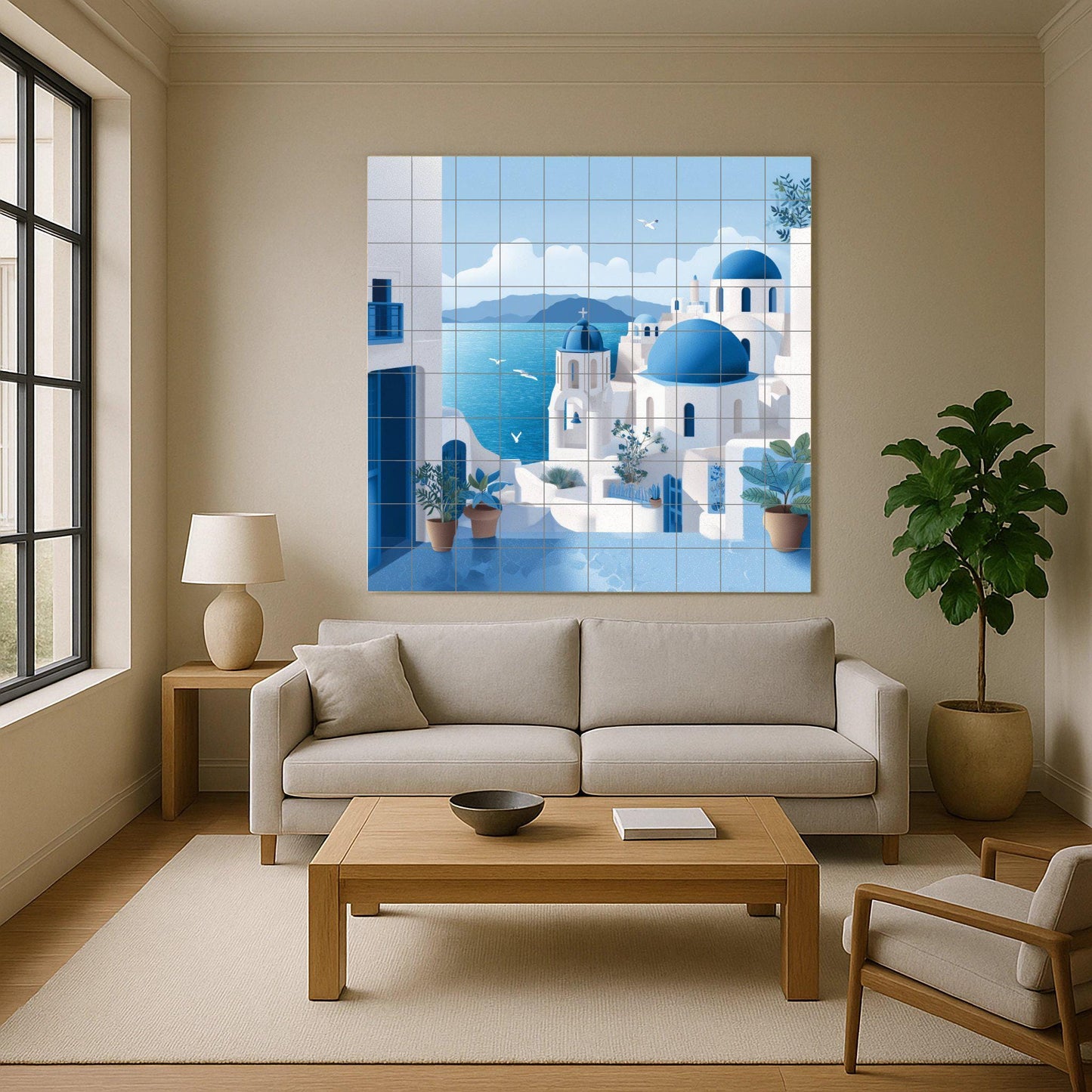 Coastal Village Ceramic Tile Mural: Classic Mediterranean Mosaic Wall Decor, Ideal for Kitchen Backsplash or Entrance Decorative Panel.