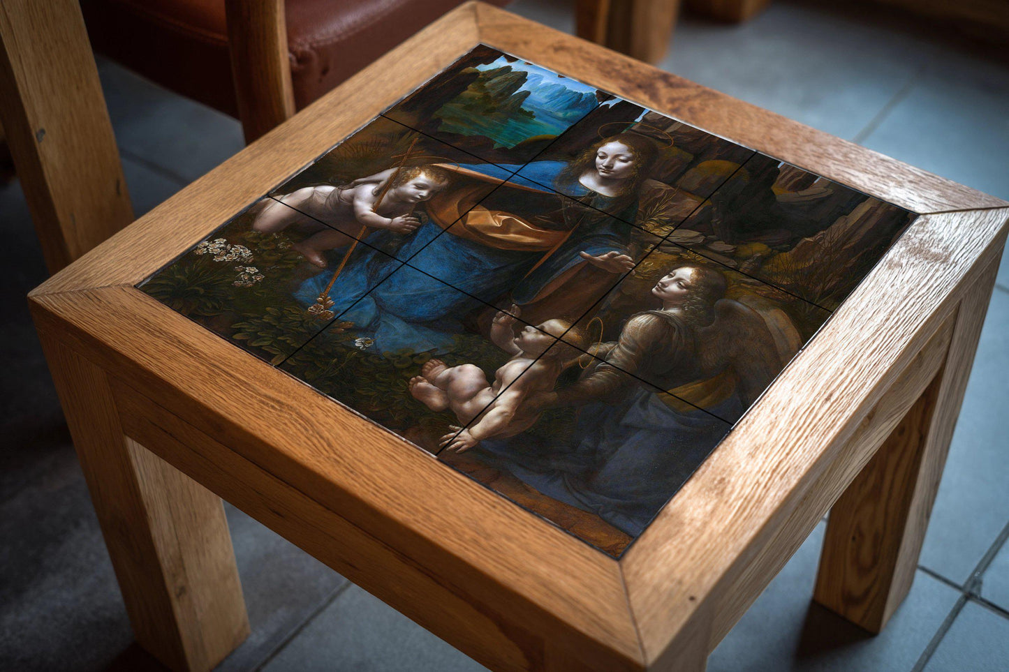 Virgin of the Rocks by Leonardo da Vinci: Renaissance ceramic mural, sacred art tile panel, classic devotional wall decoration