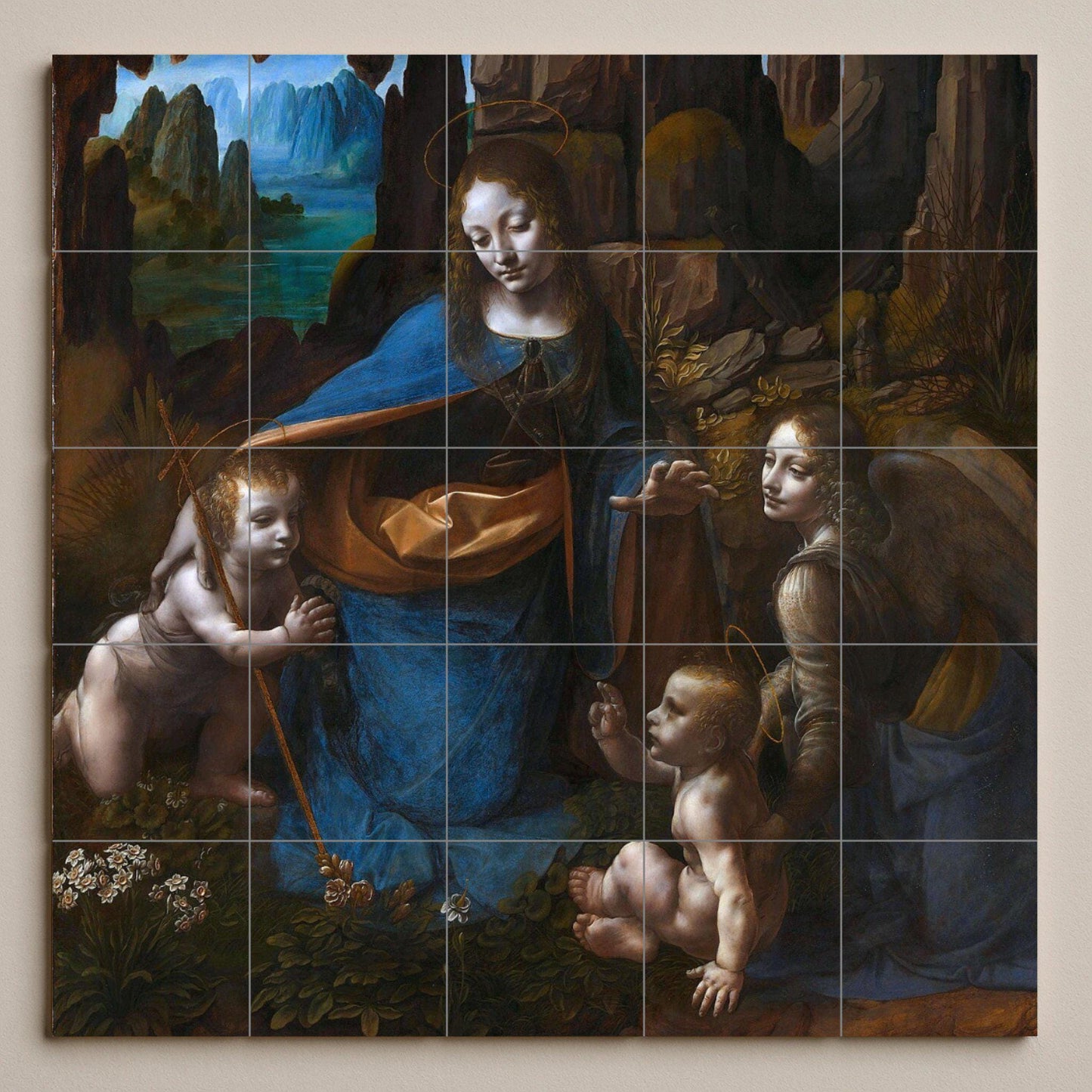 Virgin of the Rocks by Leonardo da Vinci: Renaissance ceramic mural, sacred art tile panel, classic devotional wall decoration
