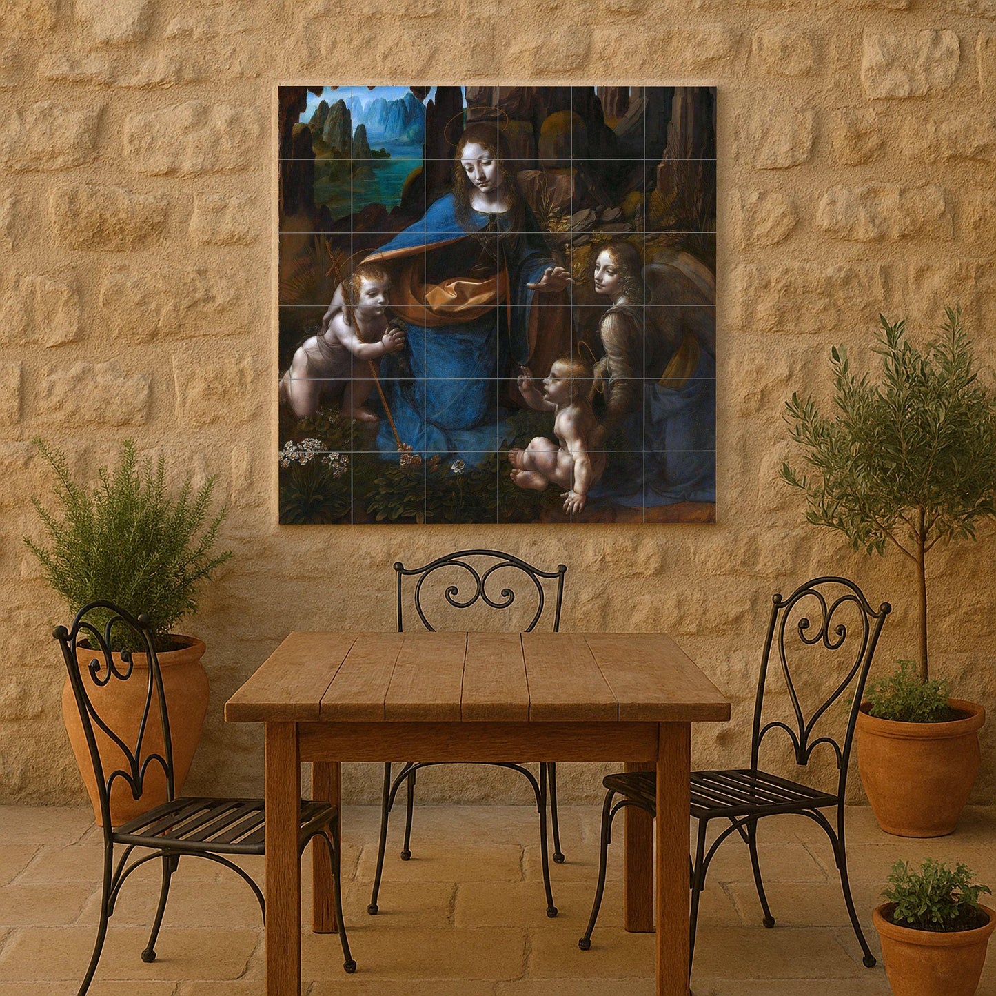 Virgin of the Rocks by Leonardo da Vinci: Renaissance ceramic mural, sacred art tile panel, classic devotional wall decoration