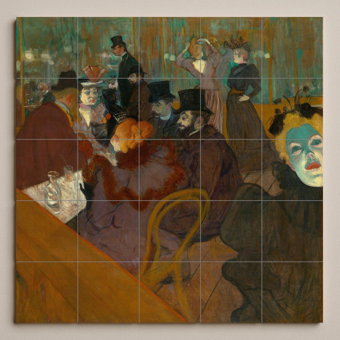 Toulouse-Lautrec's Moulin Rouge: Art Nouveau ceramic mural, Parisian cabaret tile, bohemian wall panel, vintage night scene