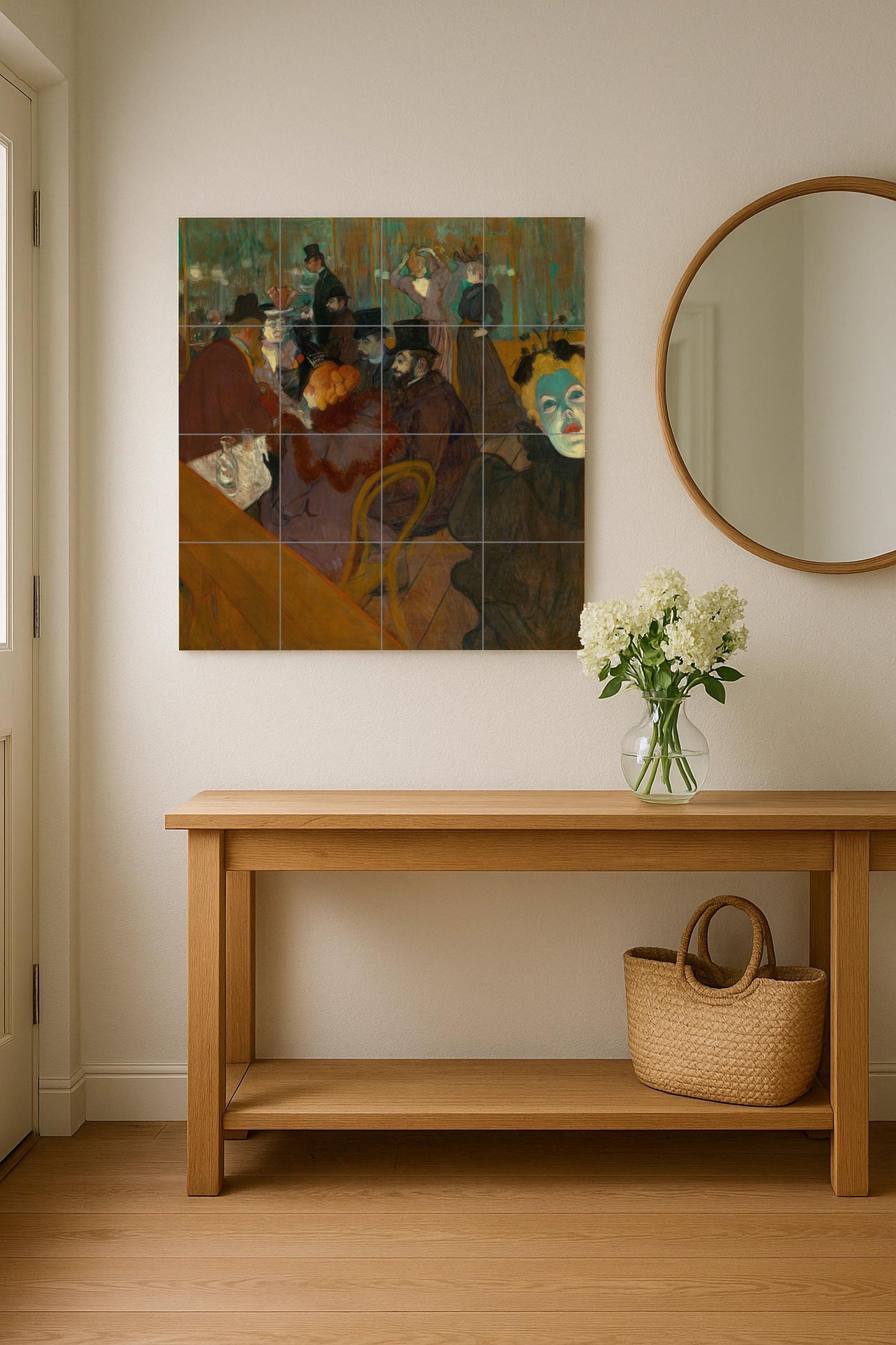 Toulouse-Lautrec's Moulin Rouge: Art Nouveau ceramic mural, Parisian cabaret tile, bohemian wall panel, vintage night scene