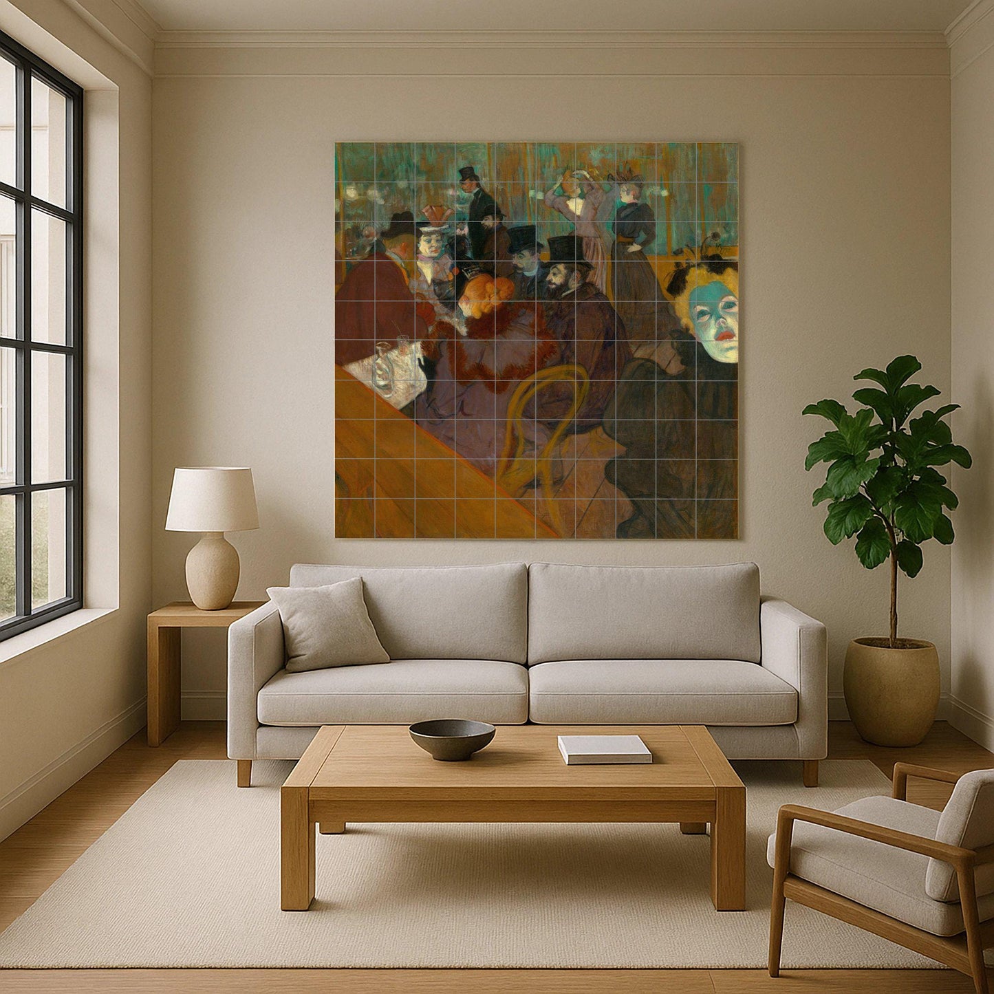 Toulouse-Lautrec's Moulin Rouge: Art Nouveau ceramic mural, Parisian cabaret tile, bohemian wall panel, vintage night scene