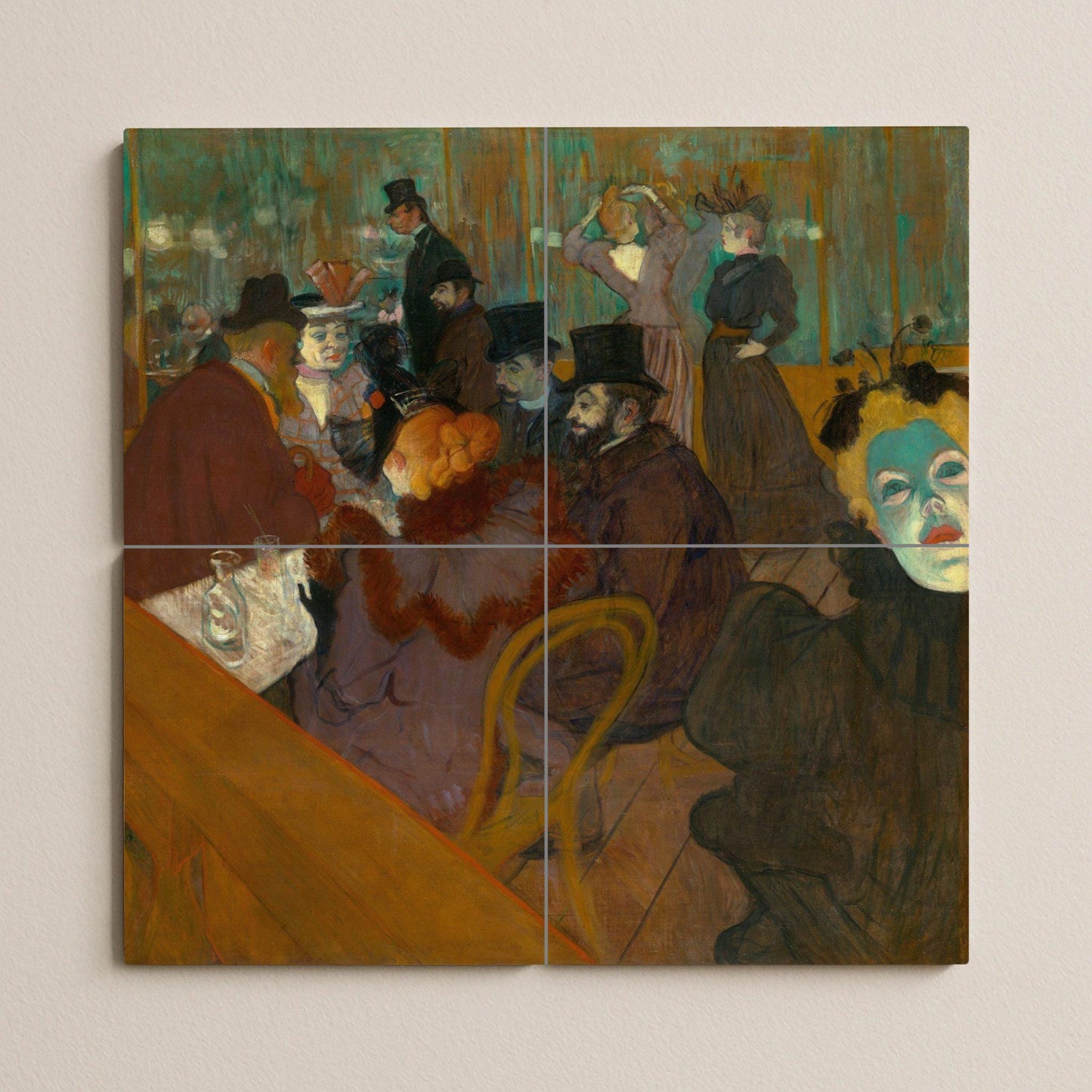 Toulouse-Lautrec's Moulin Rouge: Art Nouveau ceramic mural, Parisian cabaret tile, bohemian wall panel, vintage night scene
