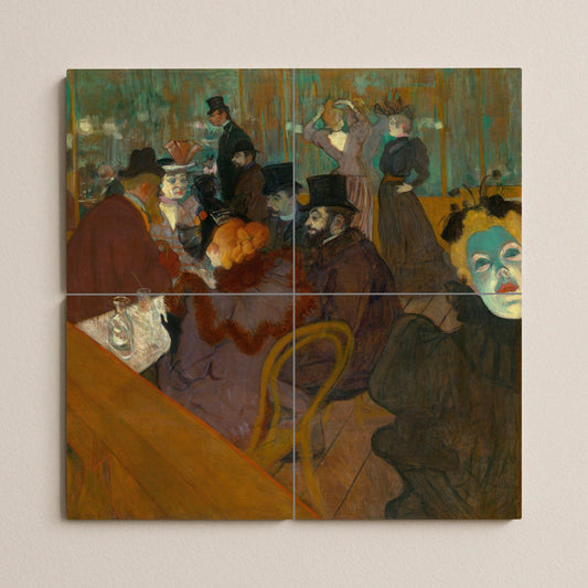 Toulouse-Lautrec's Moulin Rouge: Art Nouveau ceramic mural, Parisian cabaret tile, bohemian wall panel, vintage night scene