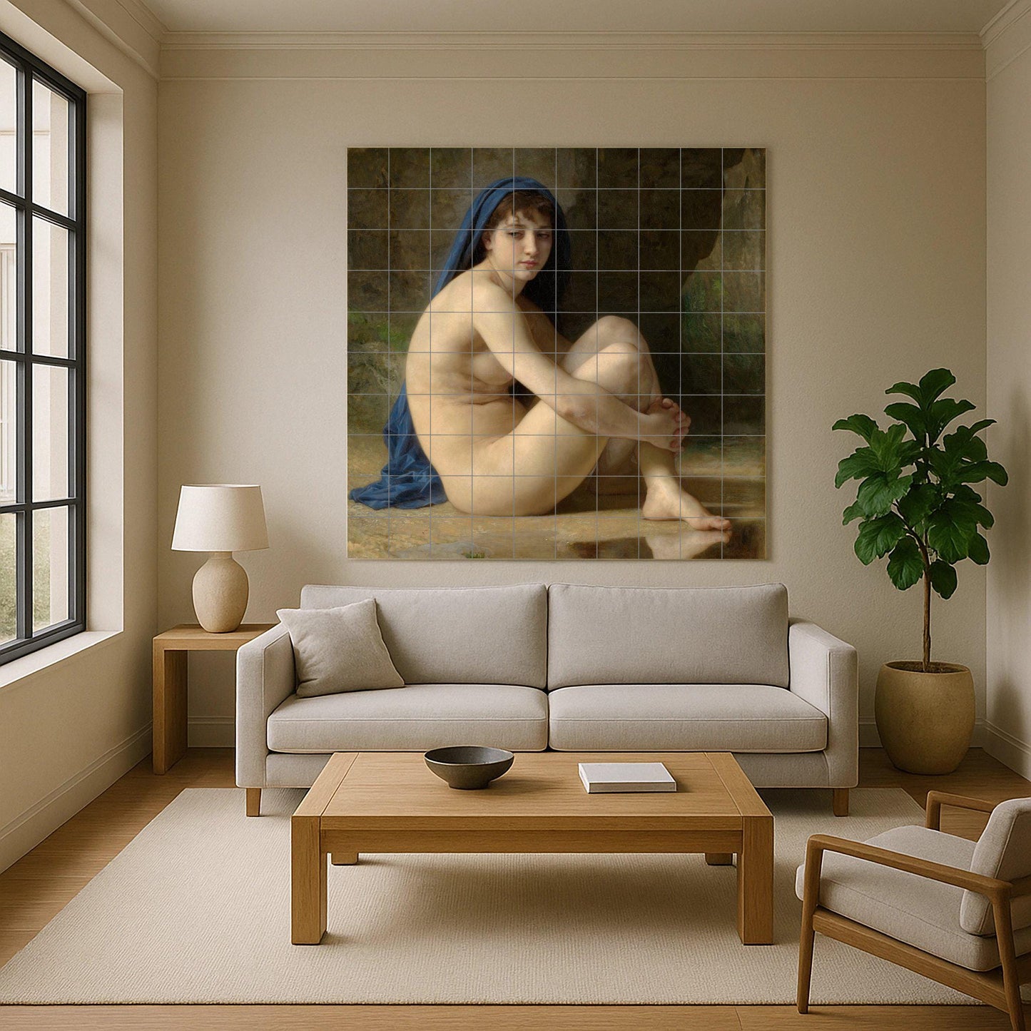 Seated Nude by Bouguereau: Classical ceramic wall panel, Artistic nude tile, Academic wall relief, Serene French masterpiece