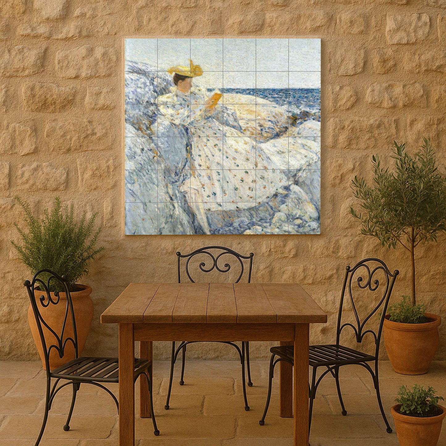 Childe Hassam's Coastal Reader: Ceramic Wall Panel, Impressionist Coastal Tile, Literary Cottage Wall Decor, Ocean Scene Art