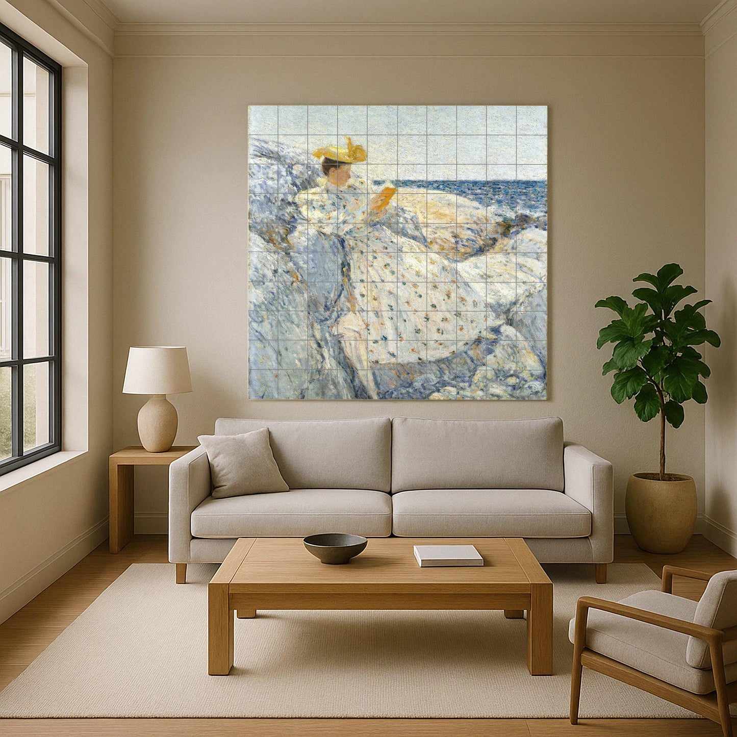 Childe Hassam's Coastal Reader: Ceramic Wall Panel, Impressionist Coastal Tile, Literary Cottage Wall Decor, Ocean Scene Art