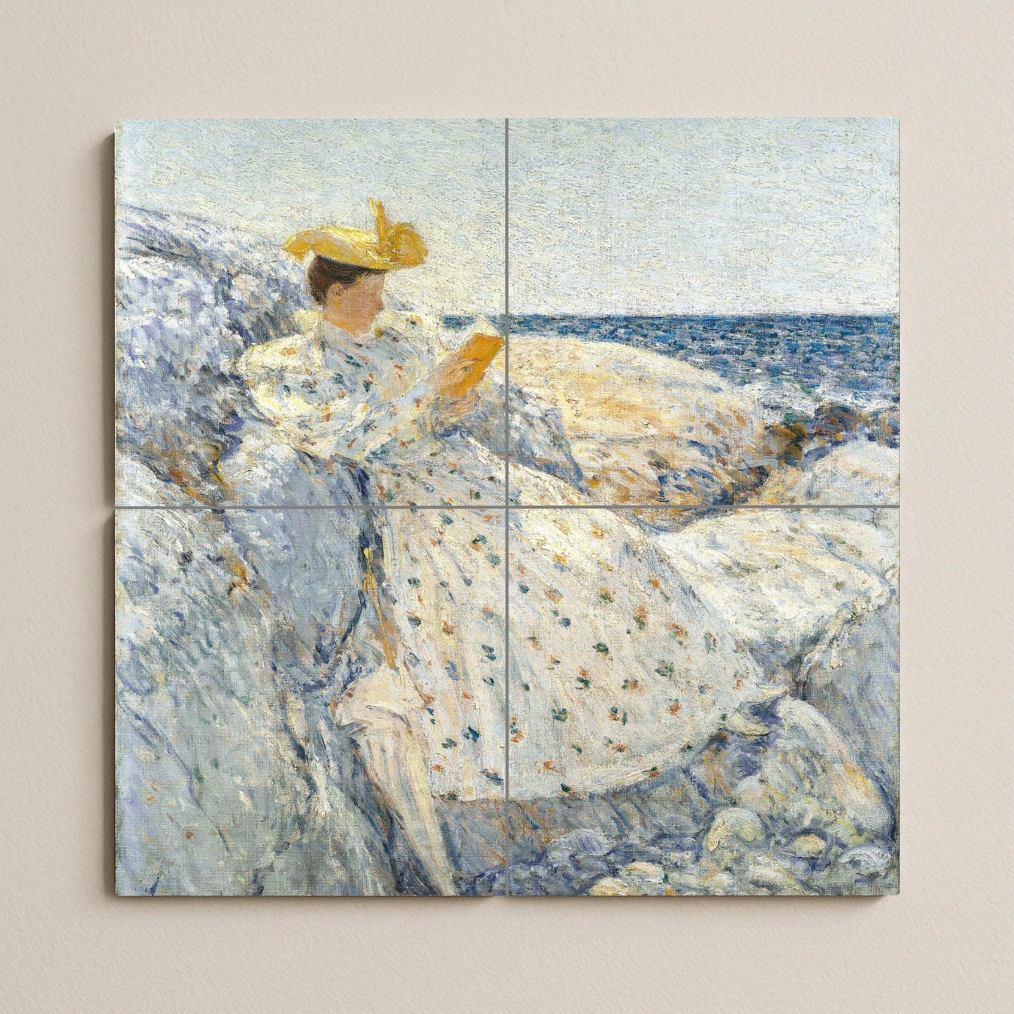 Childe Hassam's Coastal Reader: Ceramic Wall Panel, Impressionist Coastal Tile, Literary Cottage Wall Decor, Ocean Scene Art