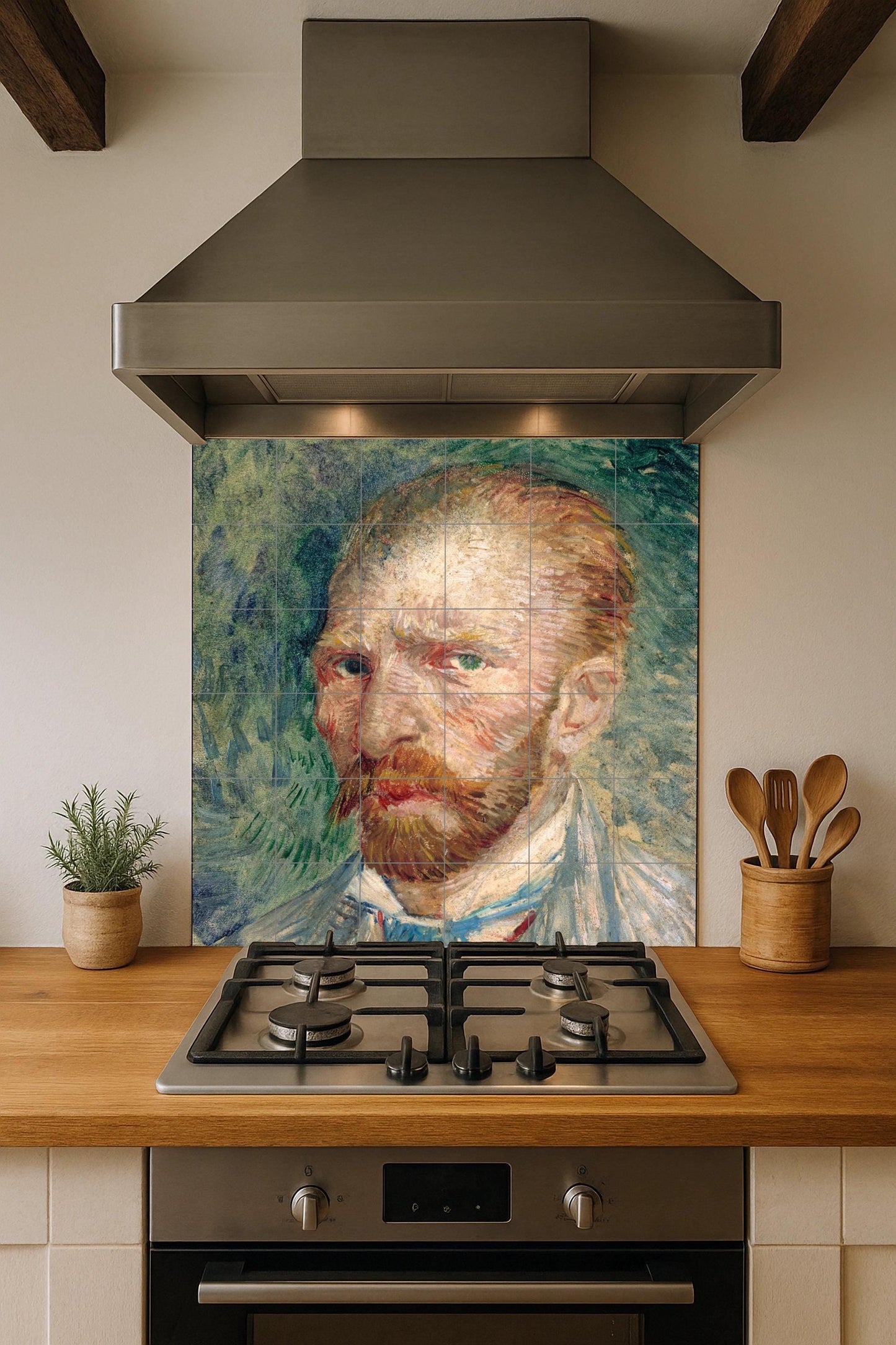 Van Gogh Self-Portrait Mural: Ceramic Tile Panel, Post-Impressionist Accent, Cultural Wall Element, Painter's Studio Decoration