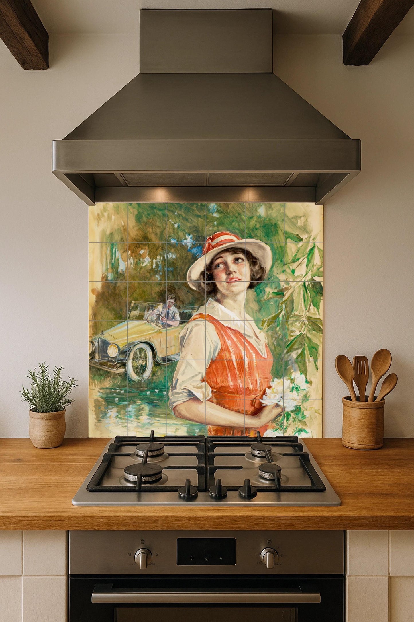 Romantic 1920s Mural: Retro Ceramic Tile Panel, Fairy Tale Cottagecore Art, Vintage Summer Scene, Nostalgic Kitchen Decor