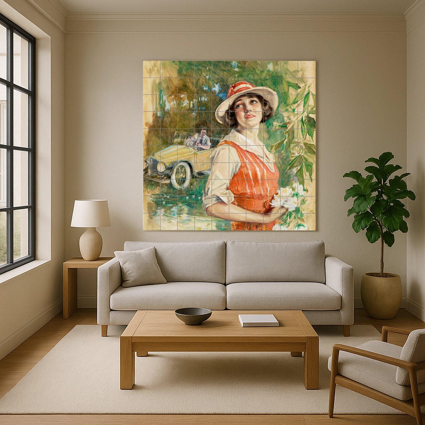 Romantic 1920s Mural: Retro Ceramic Tile Panel, Fairy Tale Cottagecore Art, Vintage Summer Scene, Nostalgic Kitchen Decor