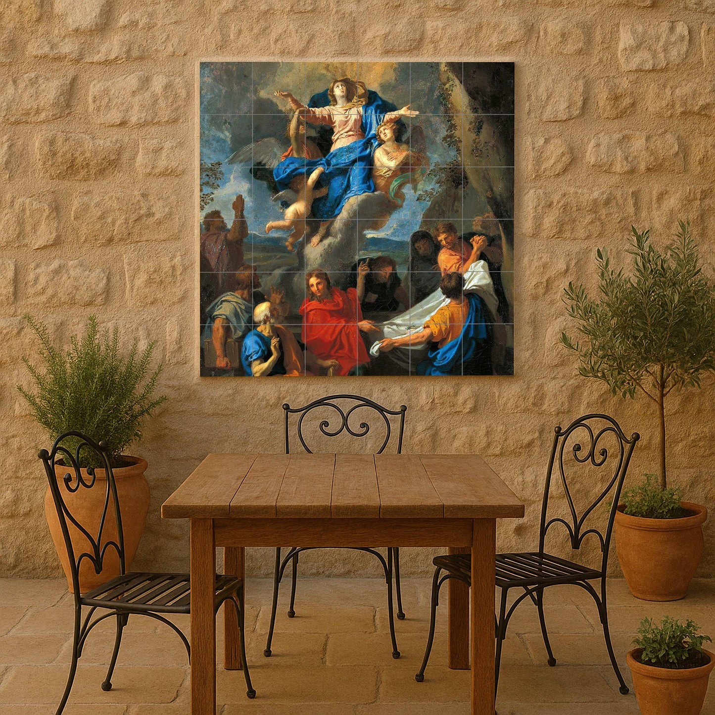 Tile mural of the Assumption of Mary – Baroque Marian ceramic panel – Sacred wall art for chapel or home – Catholic devotional gift piece