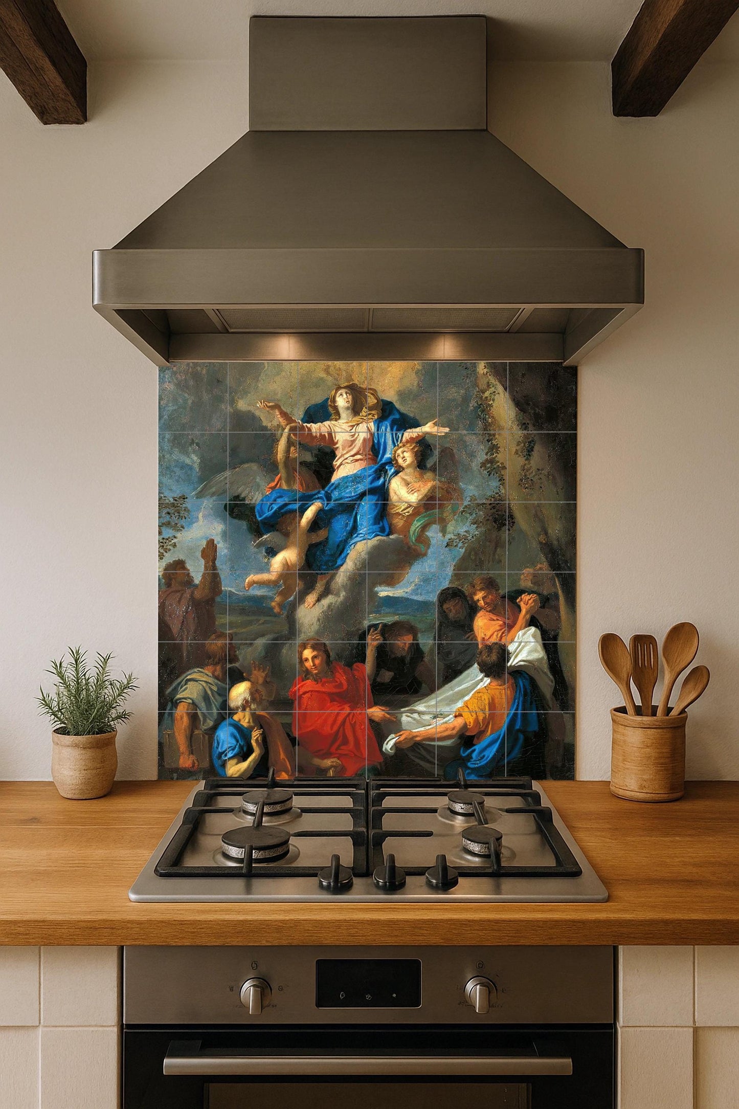 Tile mural of the Assumption of Mary – Baroque Marian ceramic panel – Sacred wall art for chapel or home – Catholic devotional gift piece